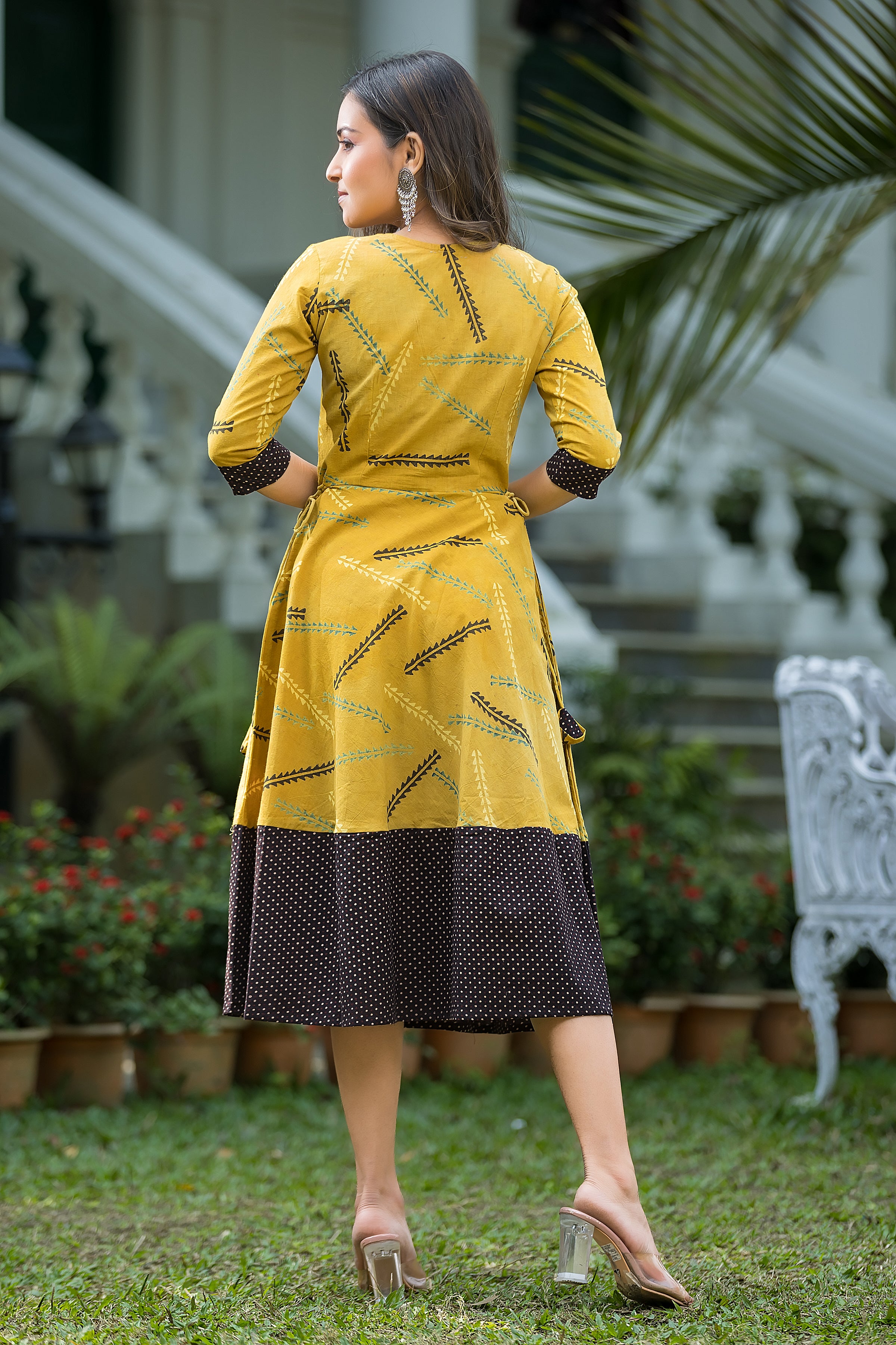 Women's Cotton Reverse Collar Yellow Dress - Crazy Needle Online
