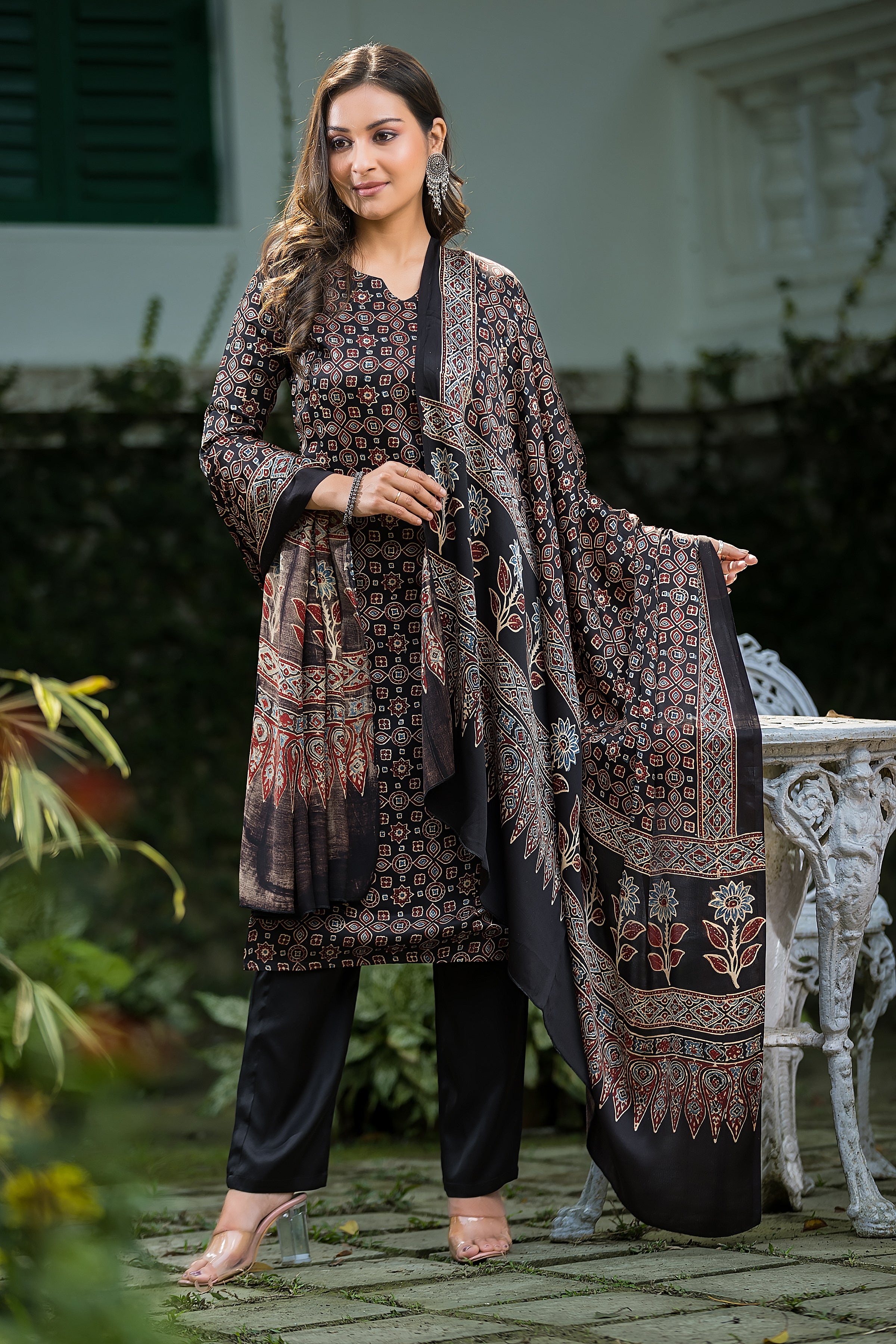 Women's Black Modal Ajrakh Suit Set with Dupatta