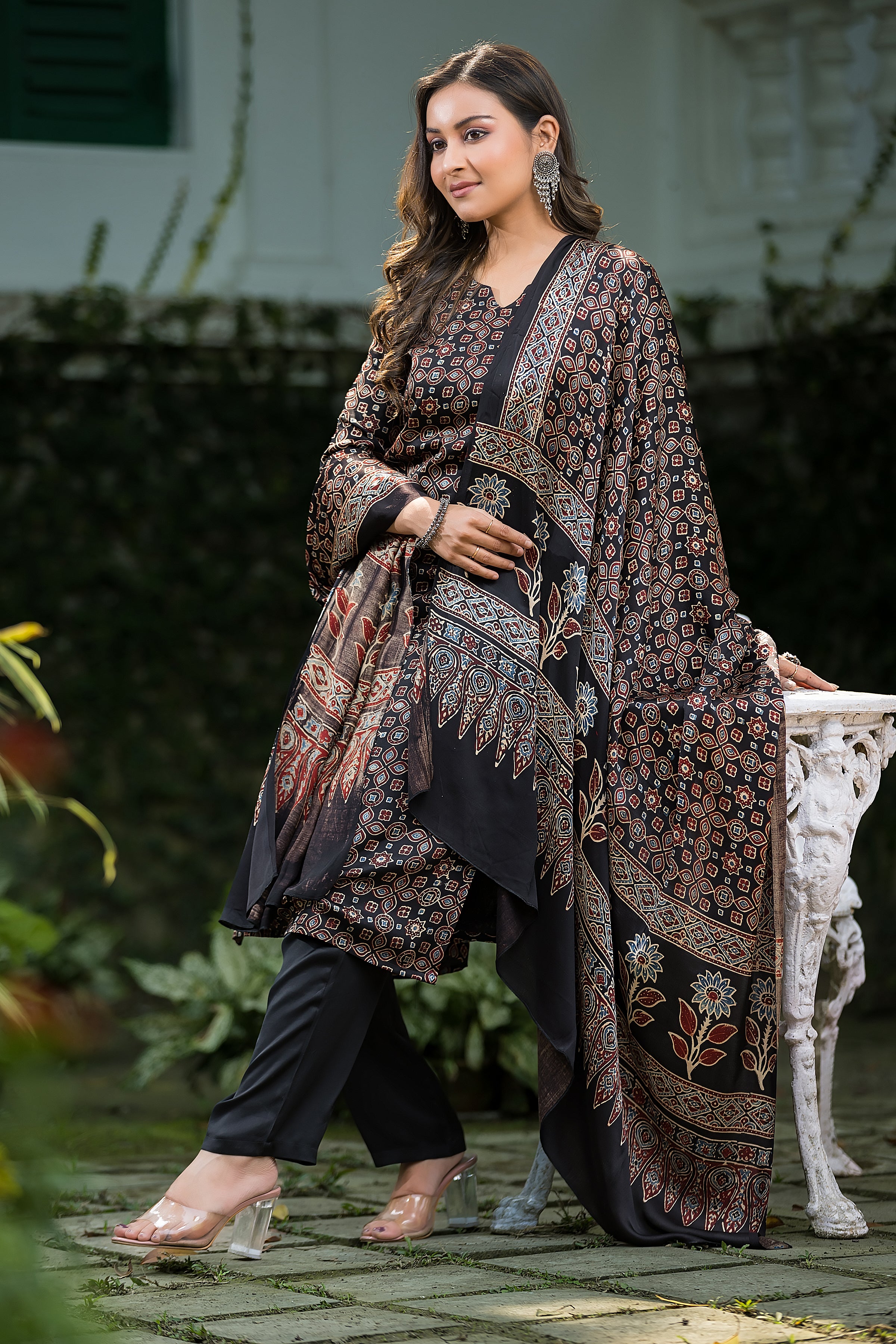 Women's Black Modal Ajrakh Suit Set with Dupatta