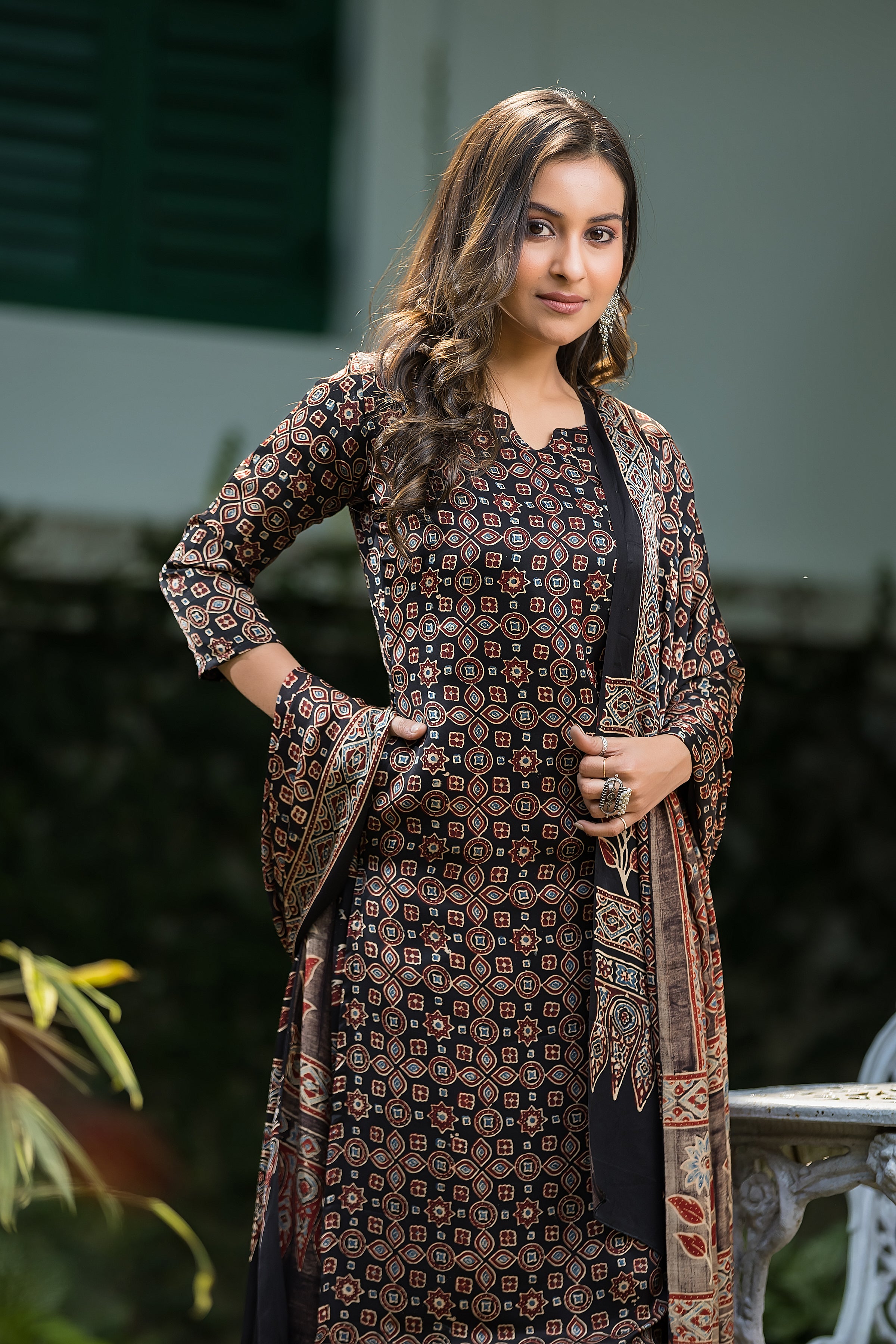 Women's Black Modal Ajrakh Suit Set with Dupatta