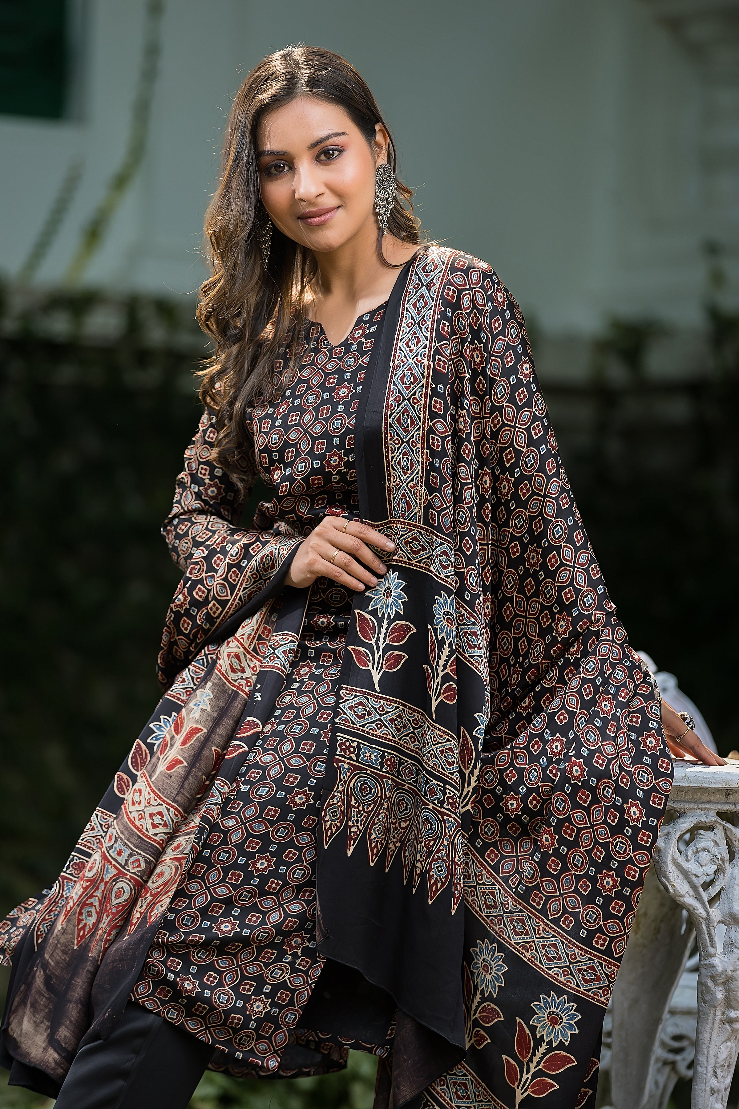Women's Black Modal Ajrakh Suit Set with Dupatta