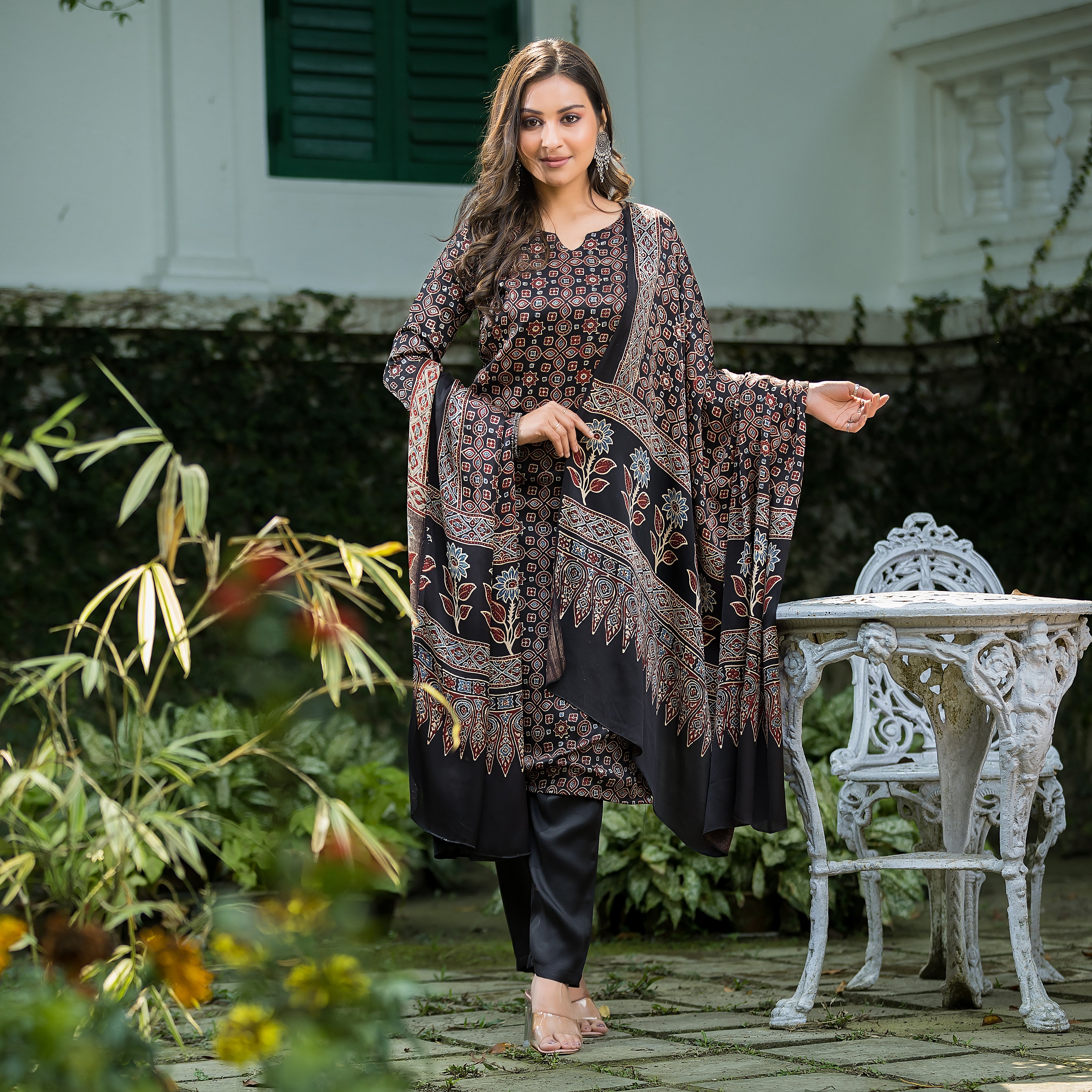 Women's Black Modal Ajrakh Suit Set with Dupatta