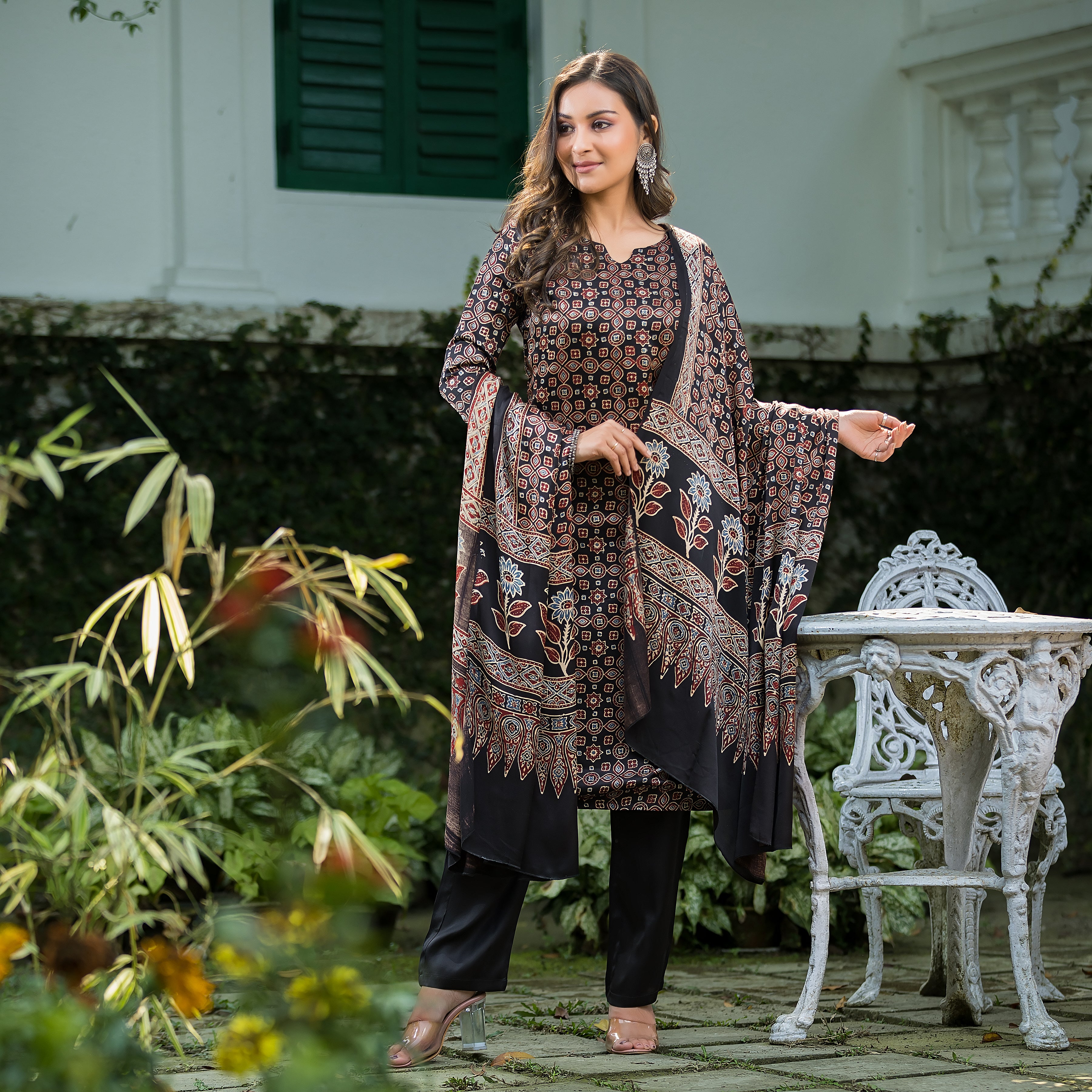Women's Black Modal Ajrakh Suit Set with Dupatta
