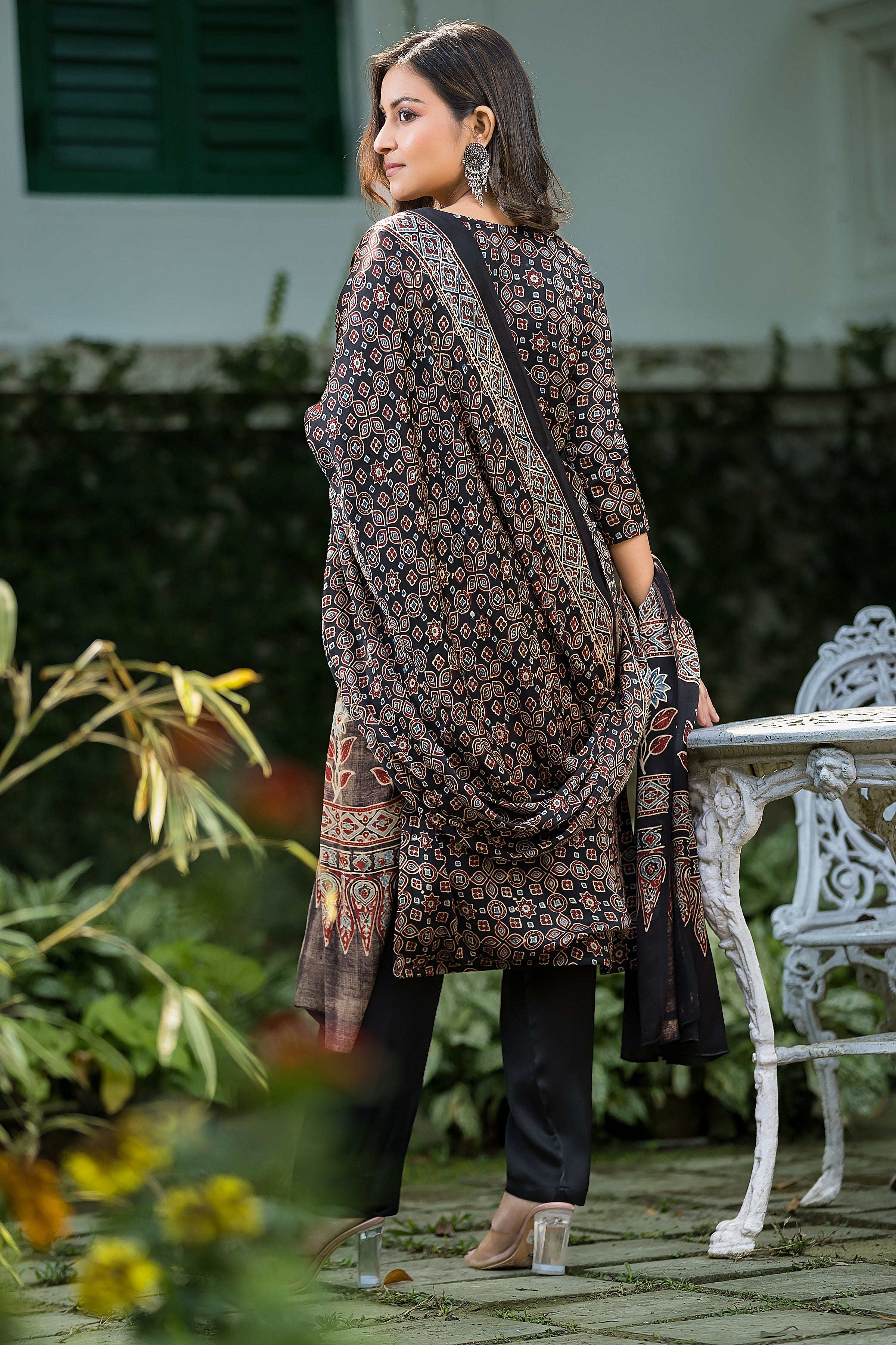 Women's Black Modal Ajrakh Suit Set with Dupatta