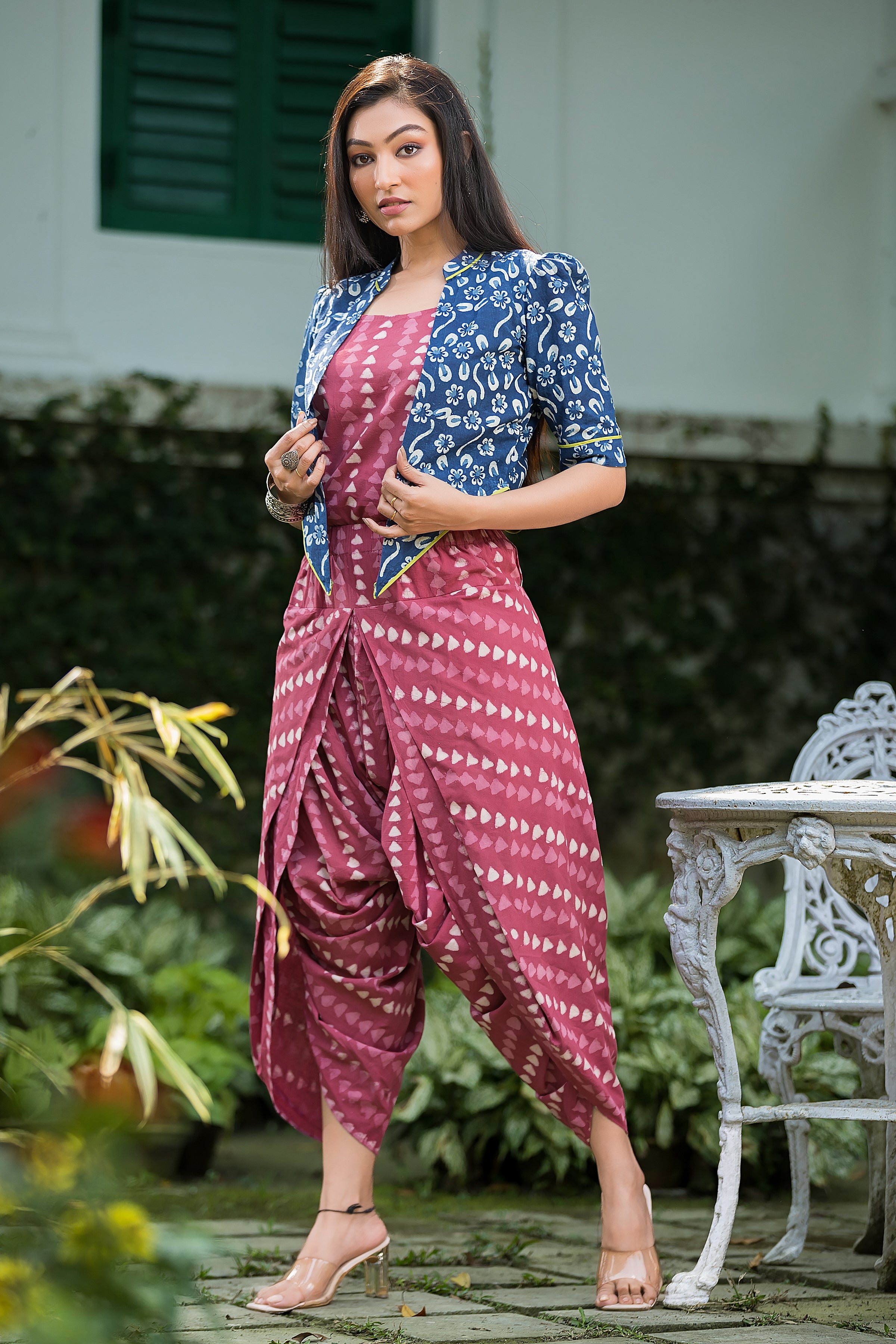 Women's Maroon Top & Dhoti With Jacket
