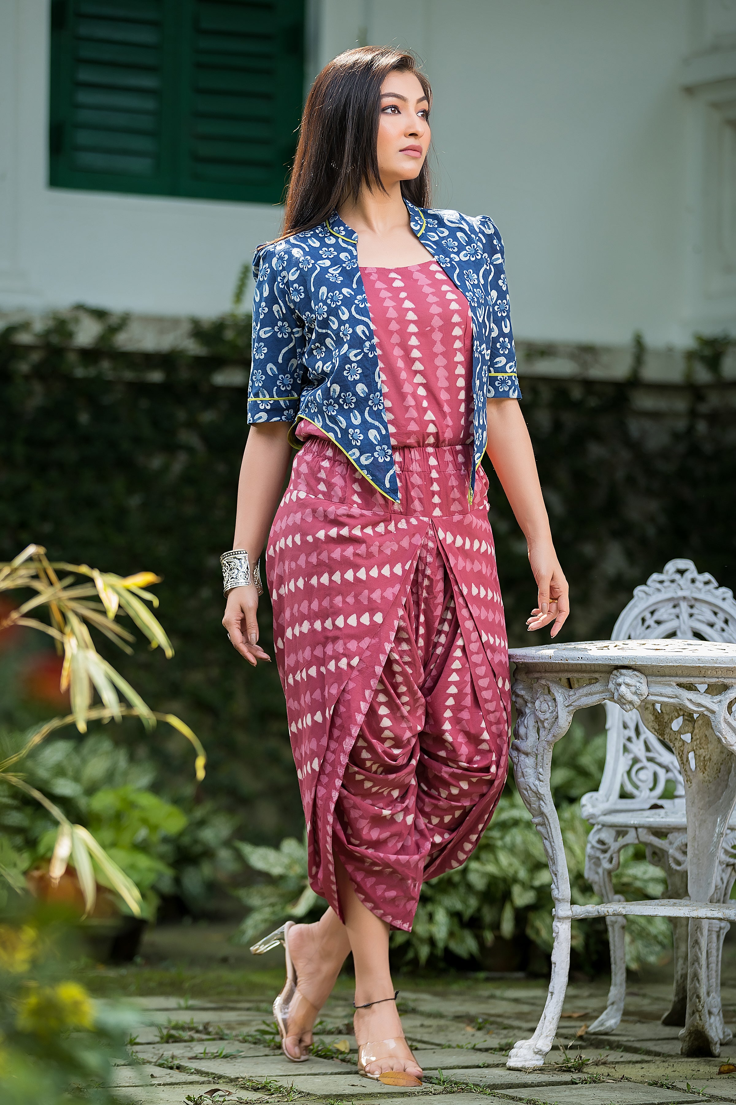 Women's Maroon Top & Dhoti With Jacket