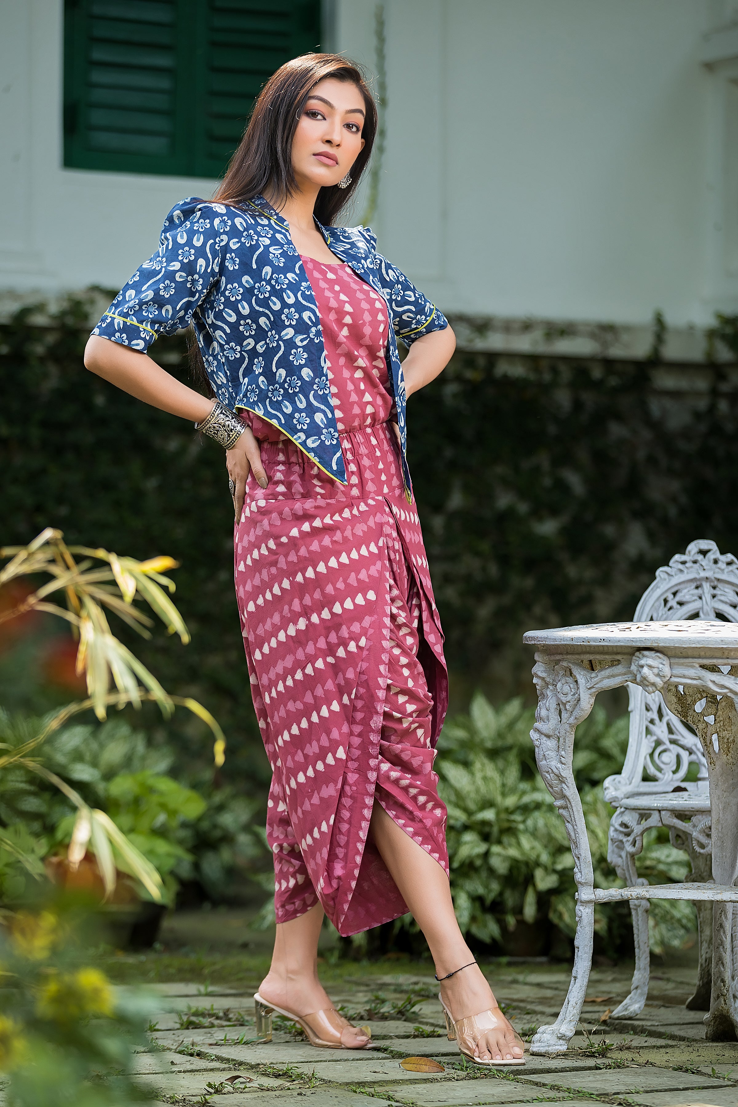 Women's Maroon Top & Dhoti With Jacket