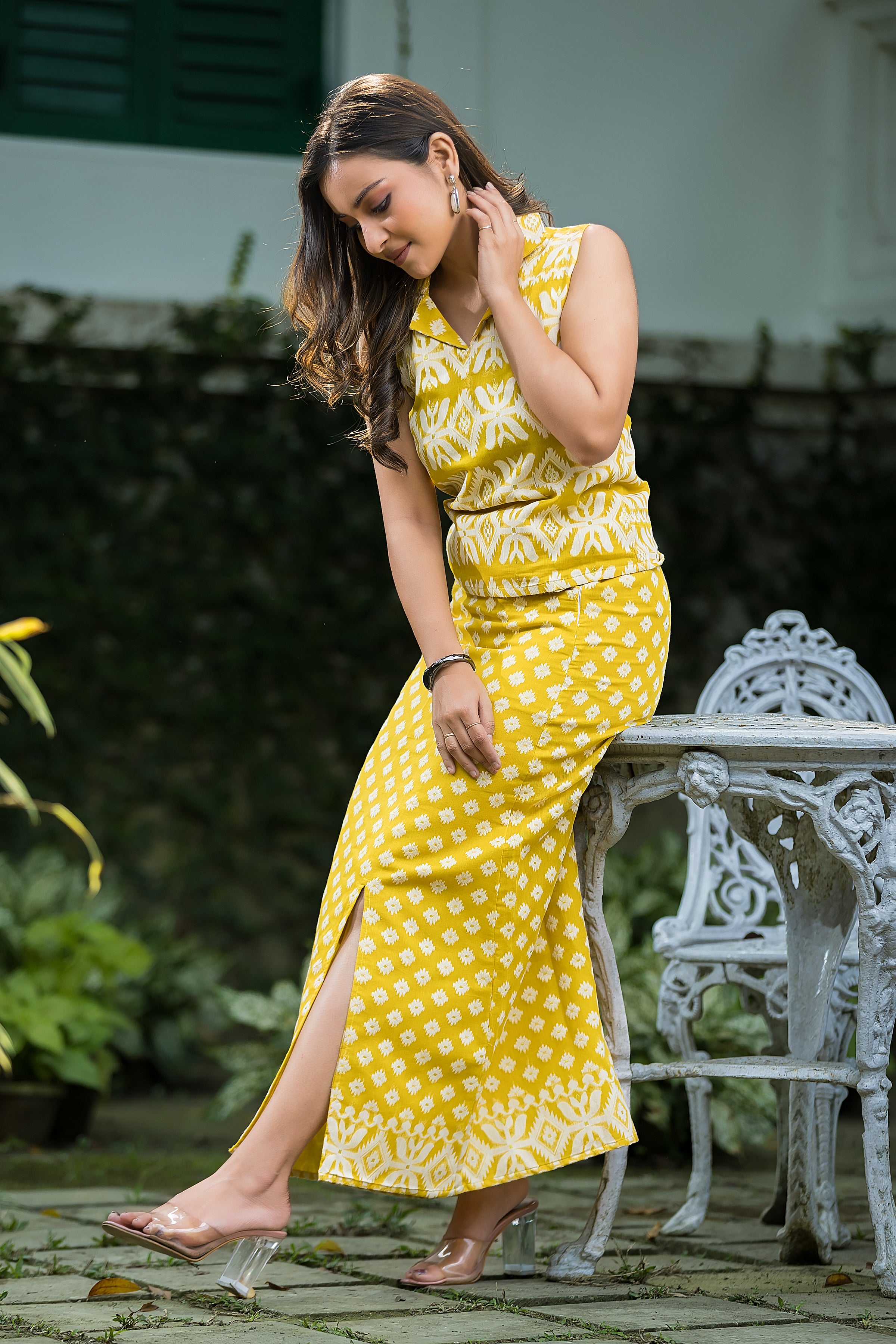 Women's Yellow Jamdani Top with Pencil Skirt