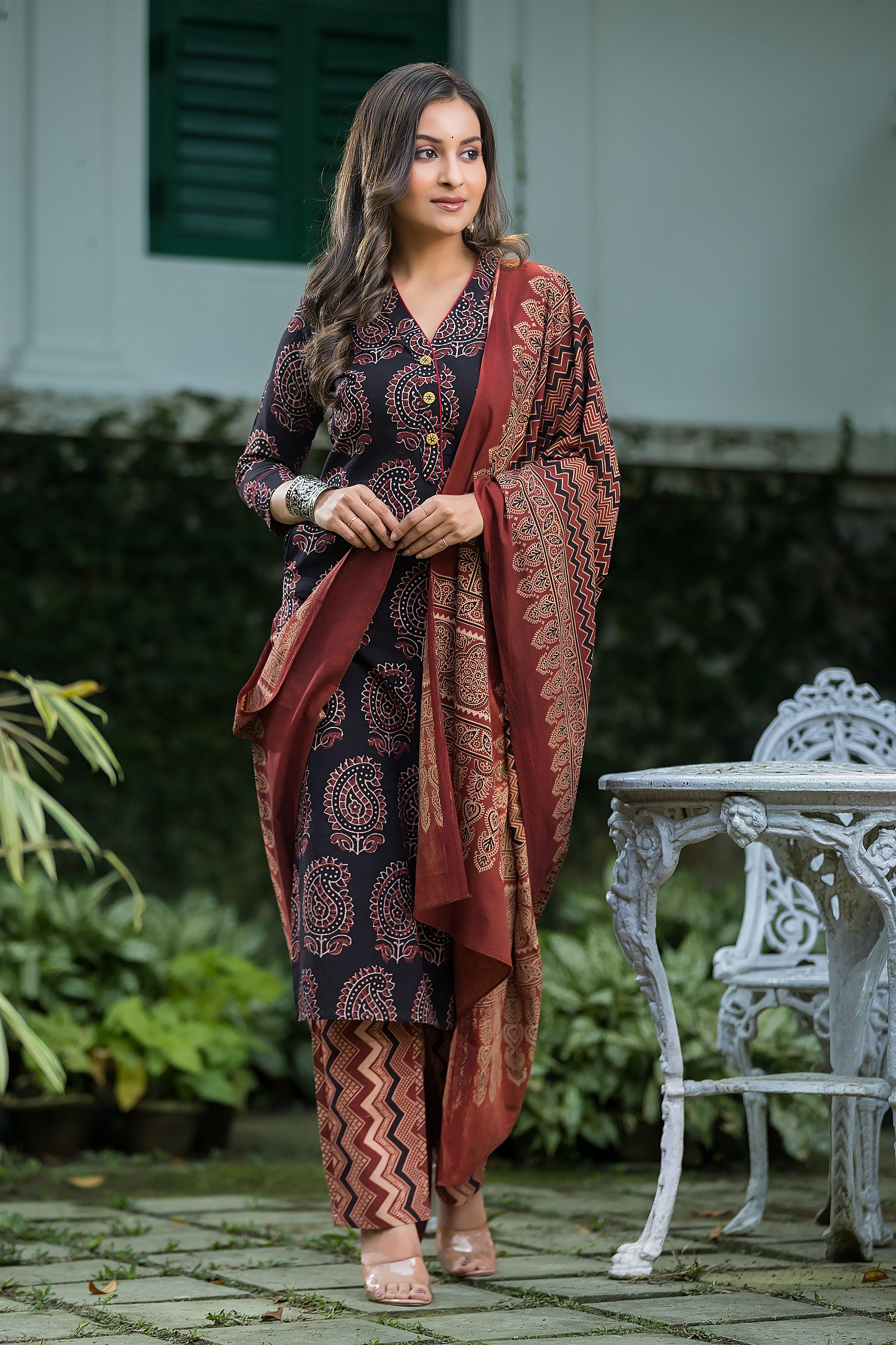 Women's Black Cotton Ajrakh Print Suit Set with Dupatta