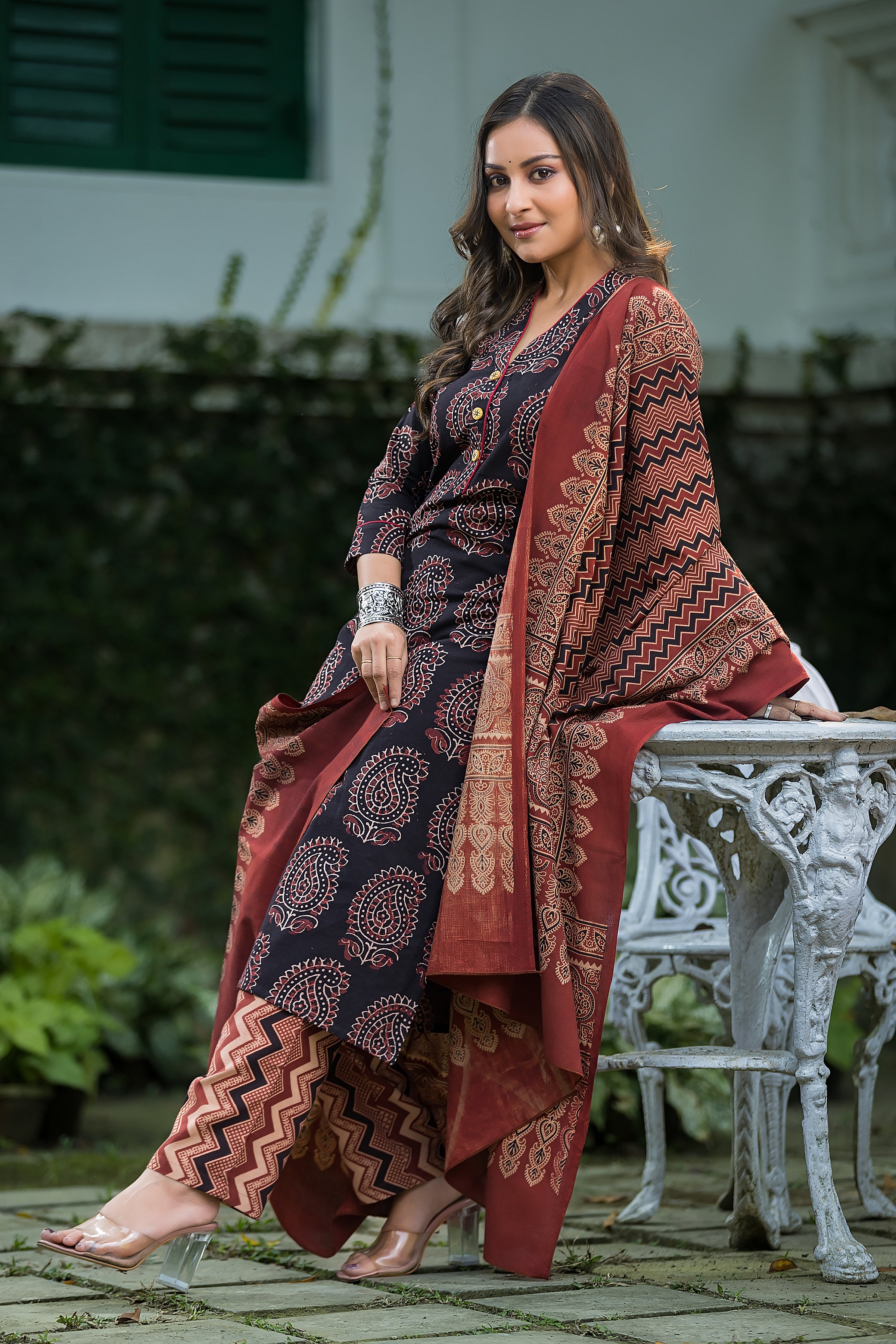 Women's Black Cotton Ajrakh Print Suit Set with Dupatta