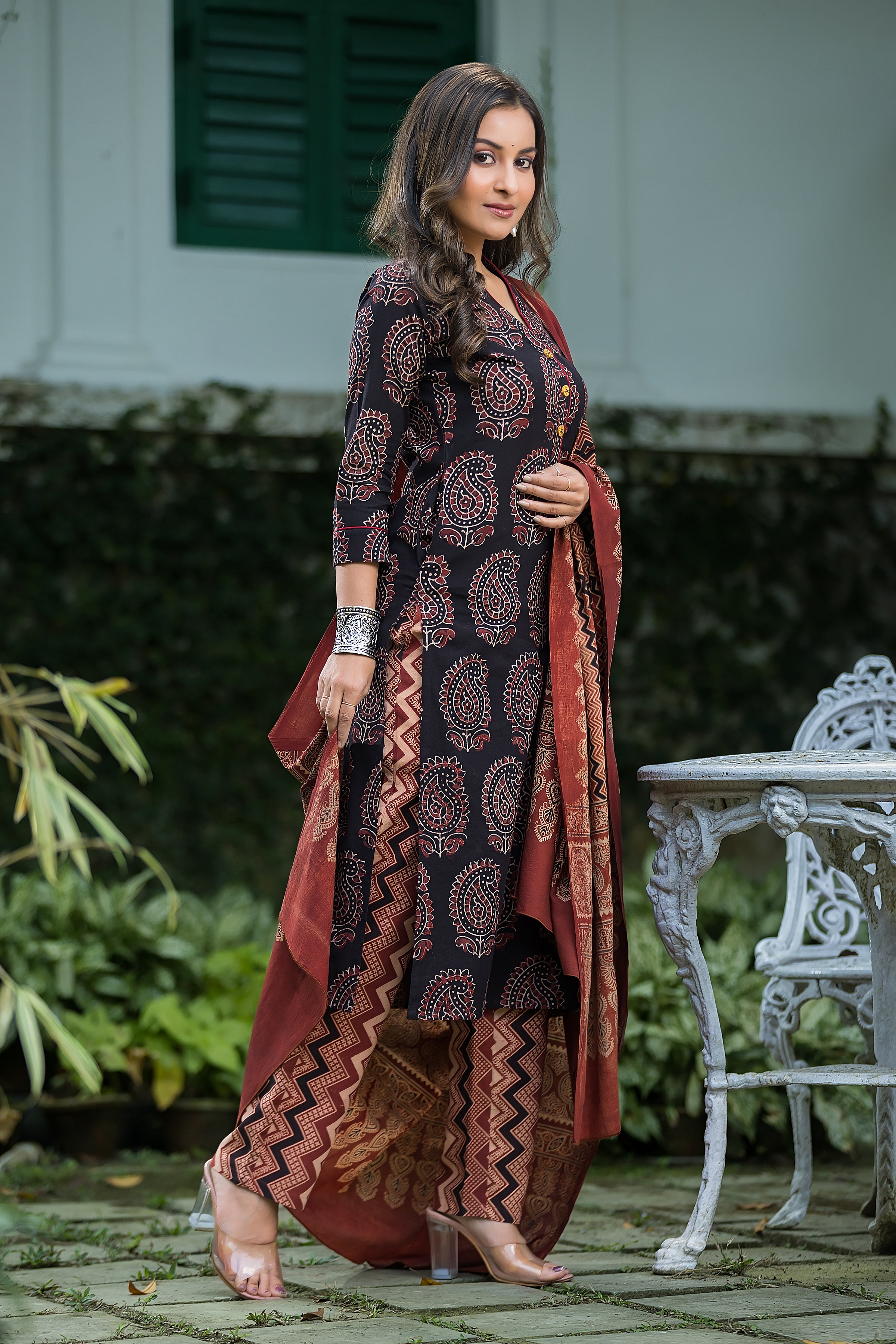 Women's Black Cotton Ajrakh Print Suit Set with Dupatta