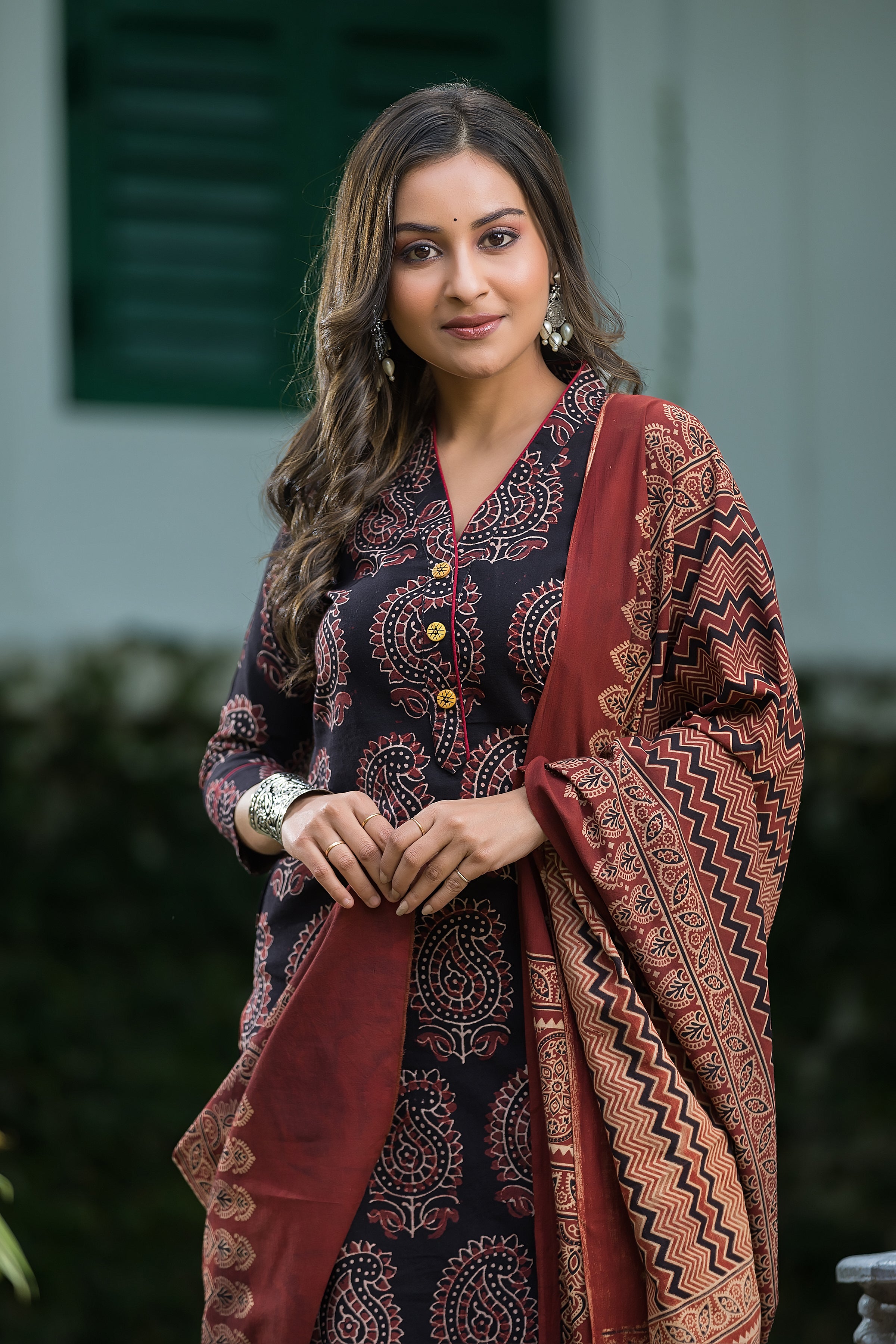 Women's Black Cotton Ajrakh Print Suit Set with Dupatta