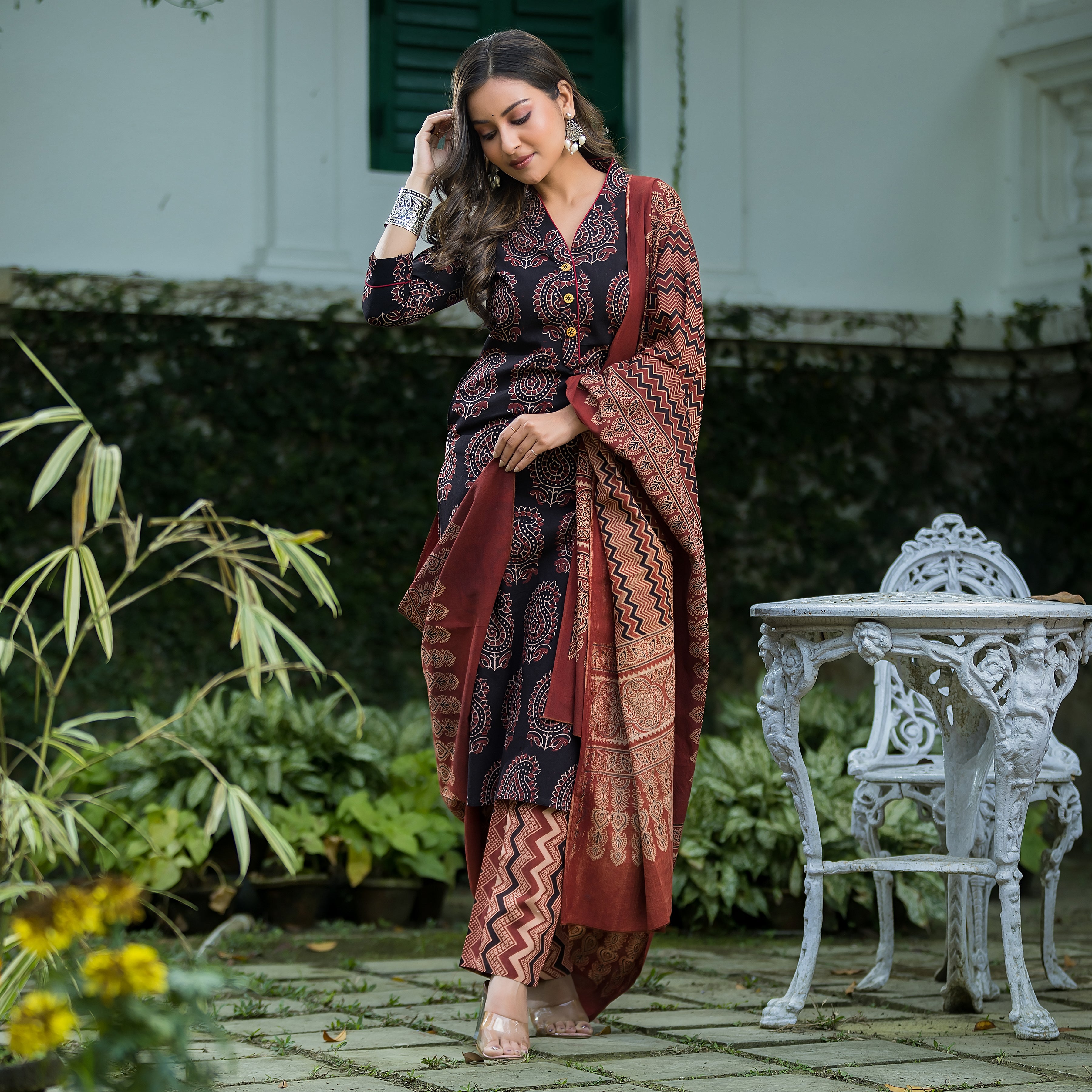 Women's Black Cotton Ajrakh Print Suit Set with Dupatta