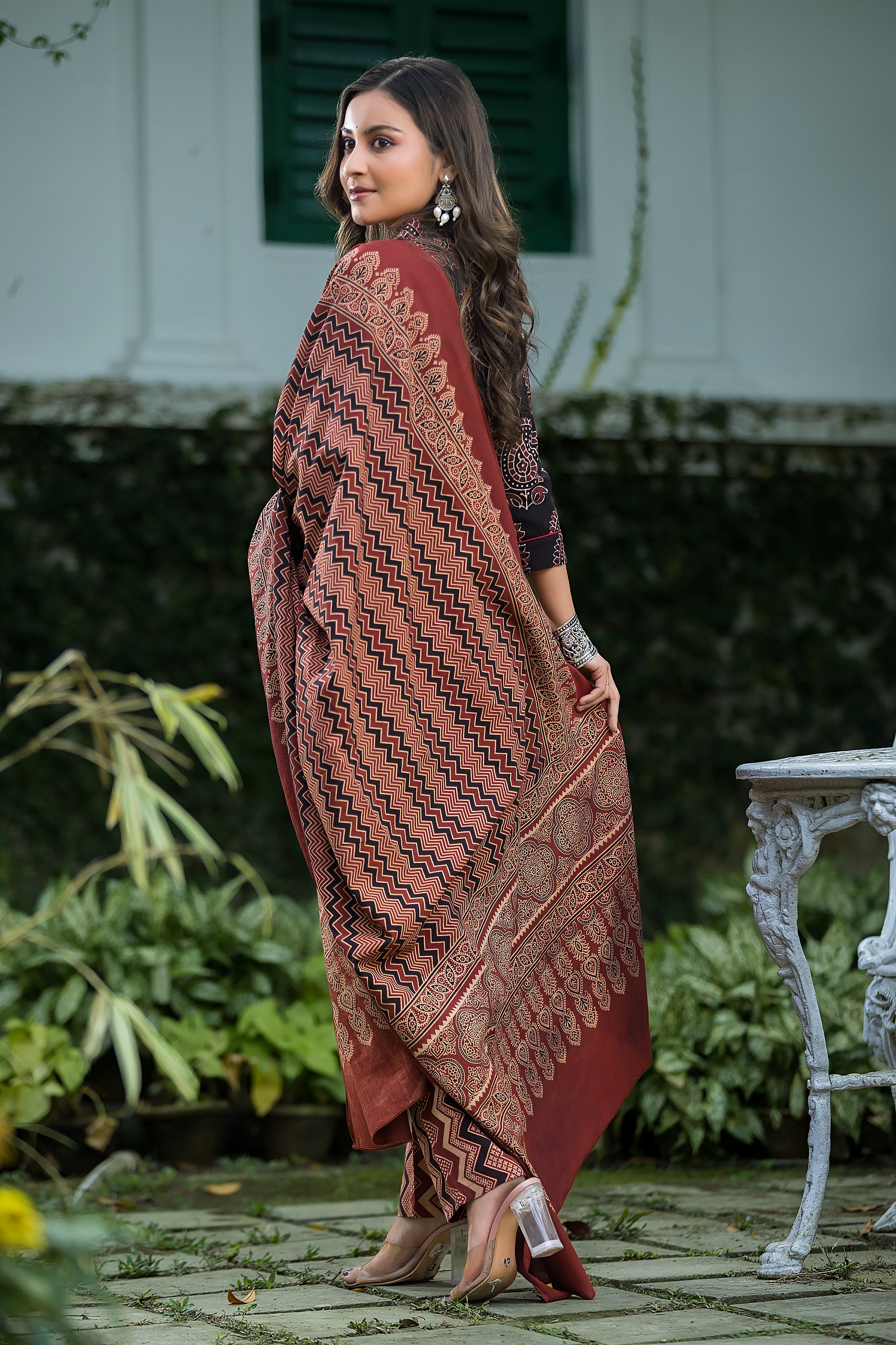 Women's Black Cotton Ajrakh Print Suit Set with Dupatta