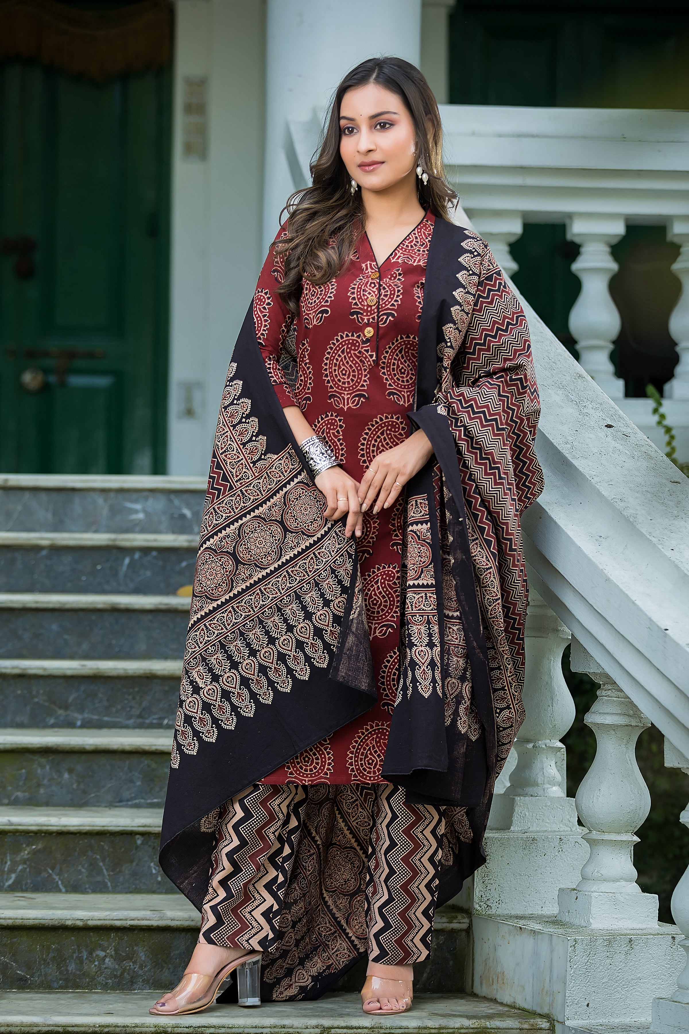 Women's Maroon Cotton Ajrakh Print Suit Set with Dupatta