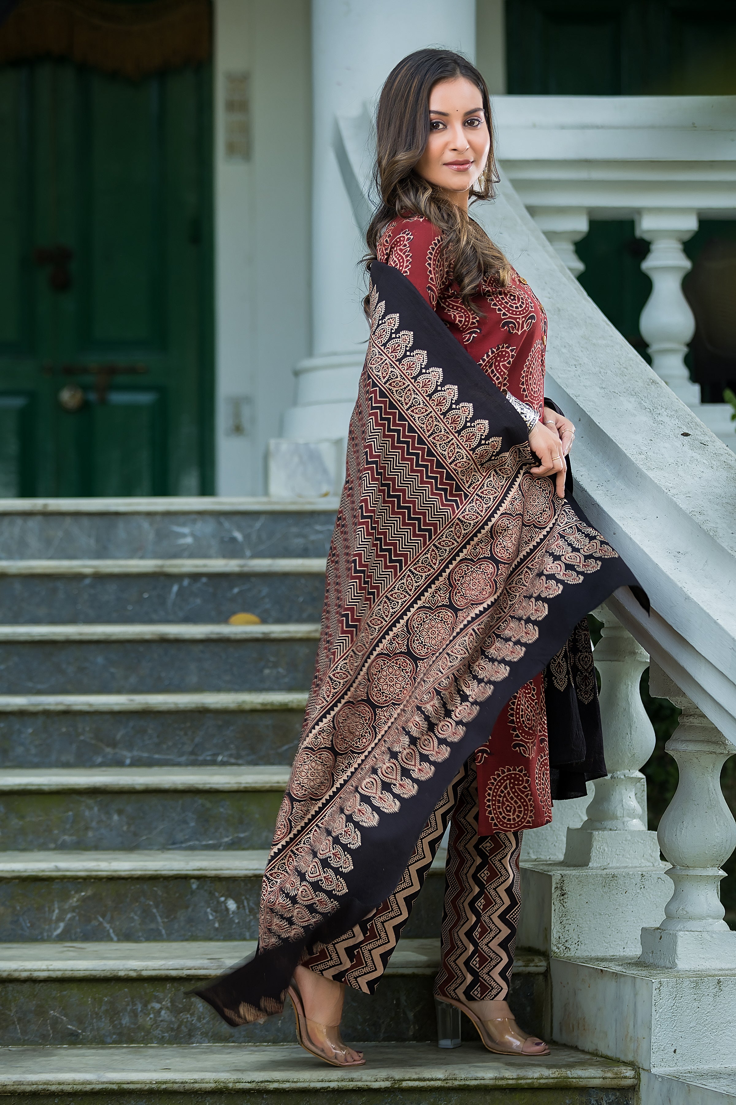 Women's Maroon Cotton Ajrakh Print Suit Set with Dupatta