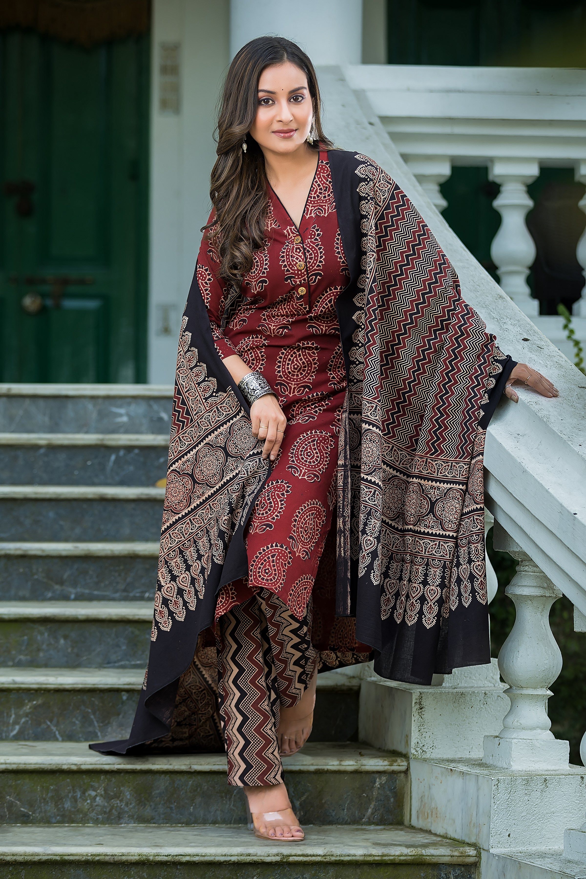 Women's Maroon Cotton Ajrakh Print Suit Set with Dupatta