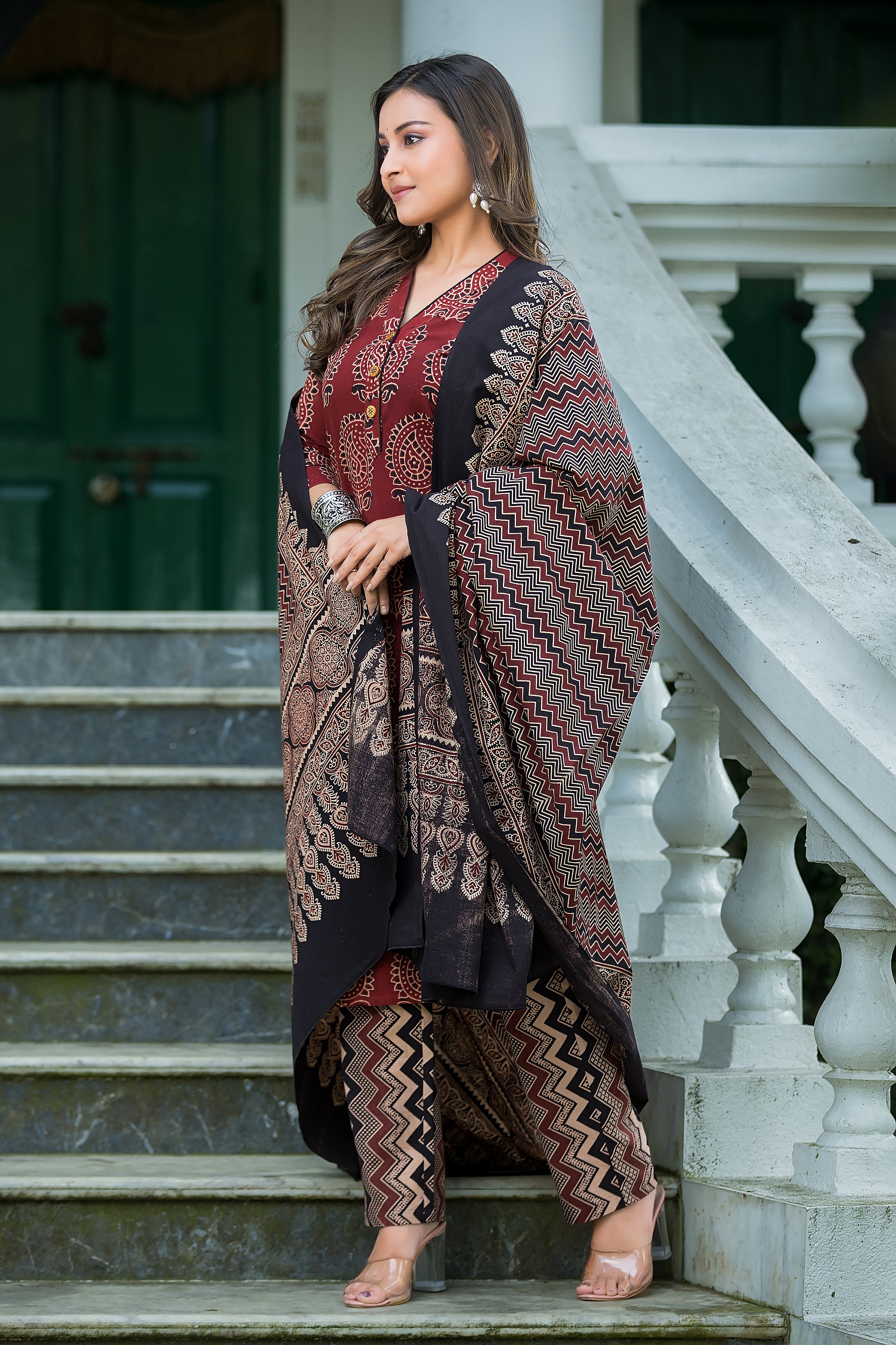 Women's Maroon Cotton Ajrakh Print Suit Set with Dupatta