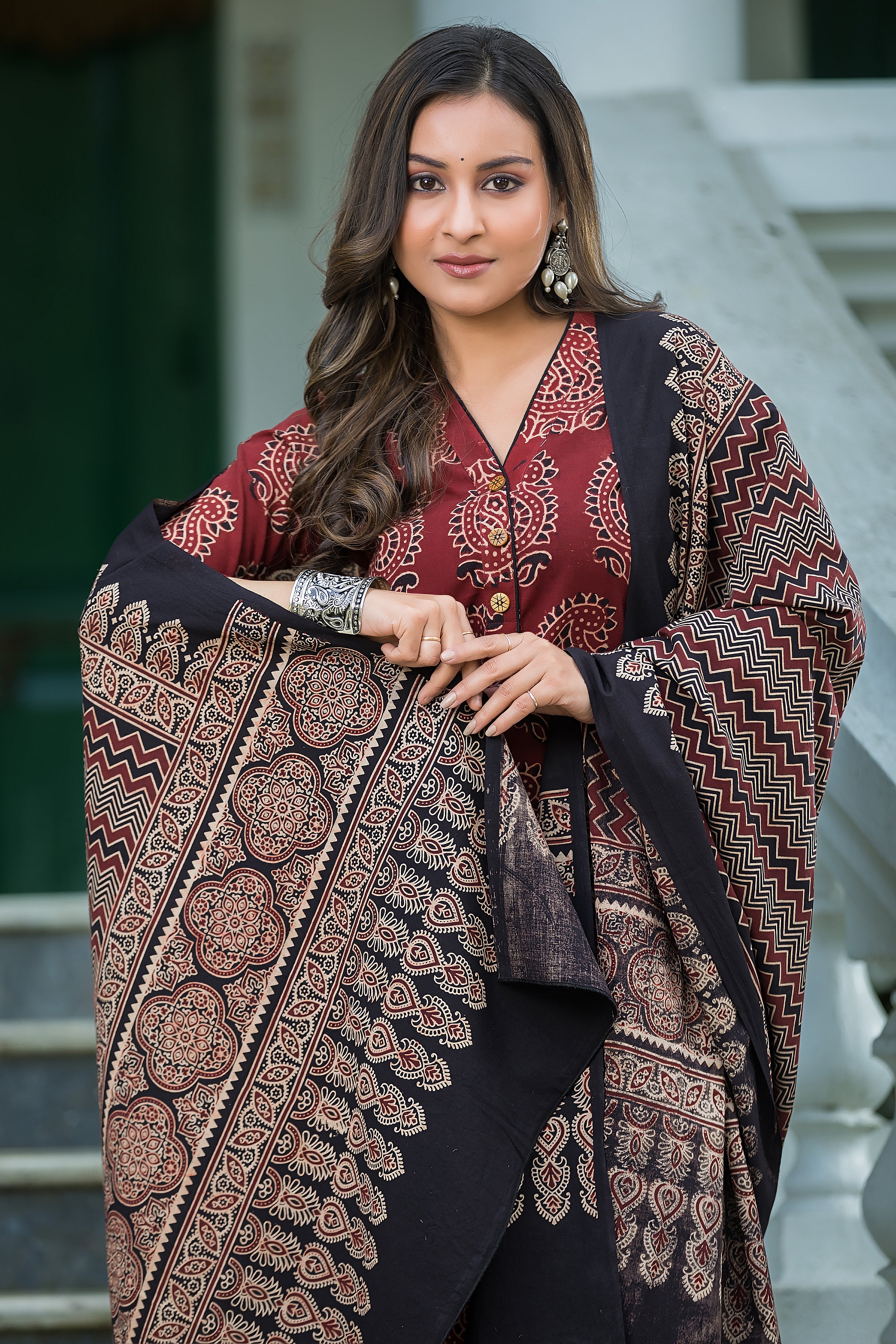 Women's Maroon Cotton Ajrakh Print Suit Set with Dupatta