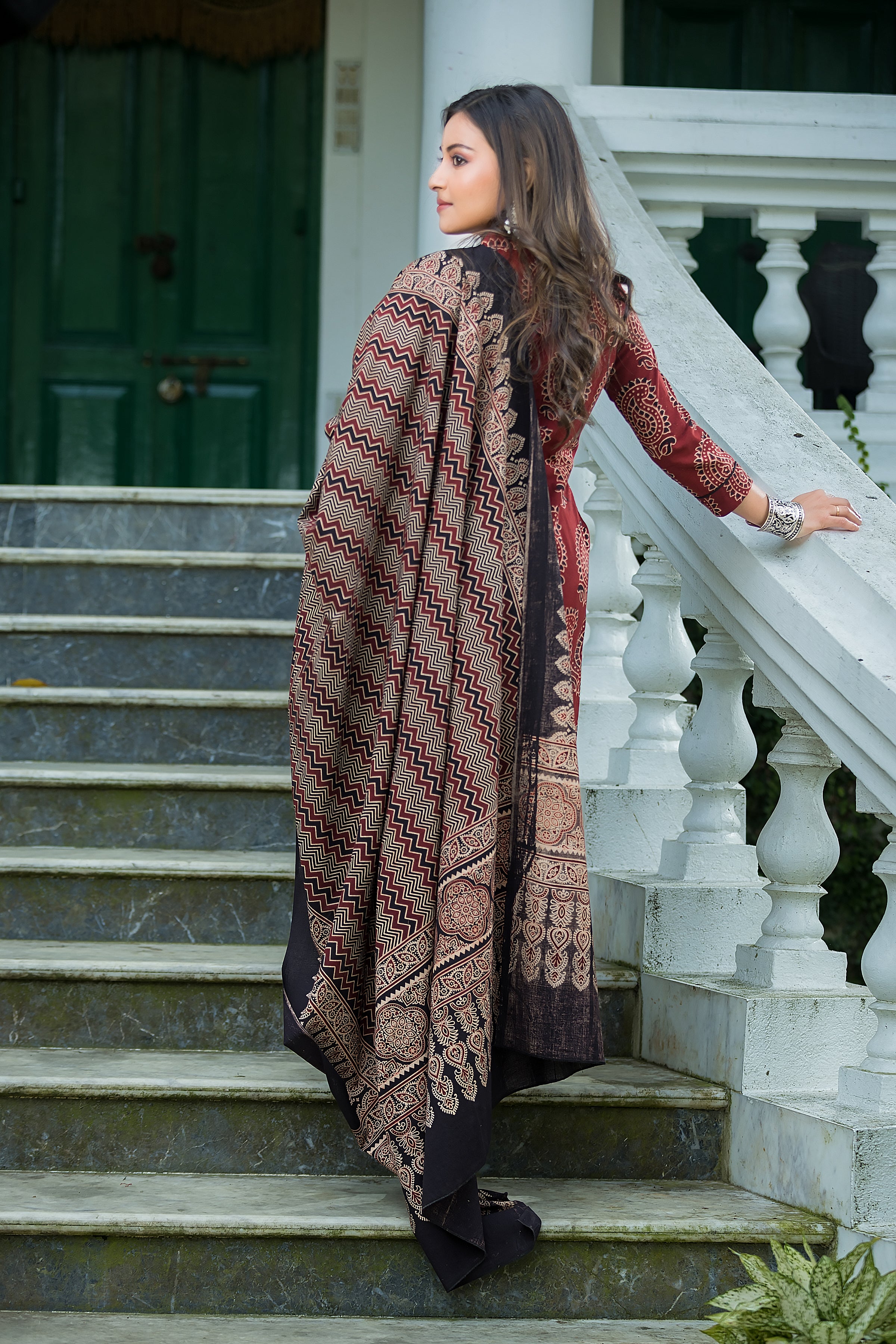 Women's Maroon Cotton Ajrakh Print Suit Set with Dupatta