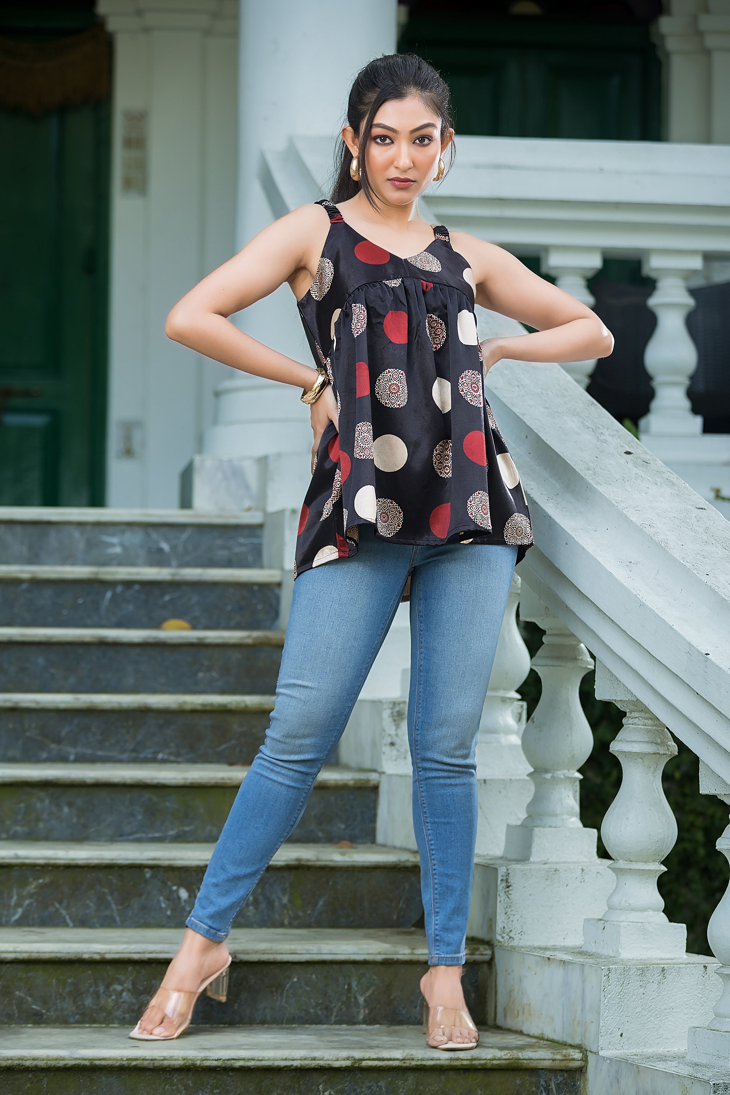 Women's Black Geometric Print Peplum Top