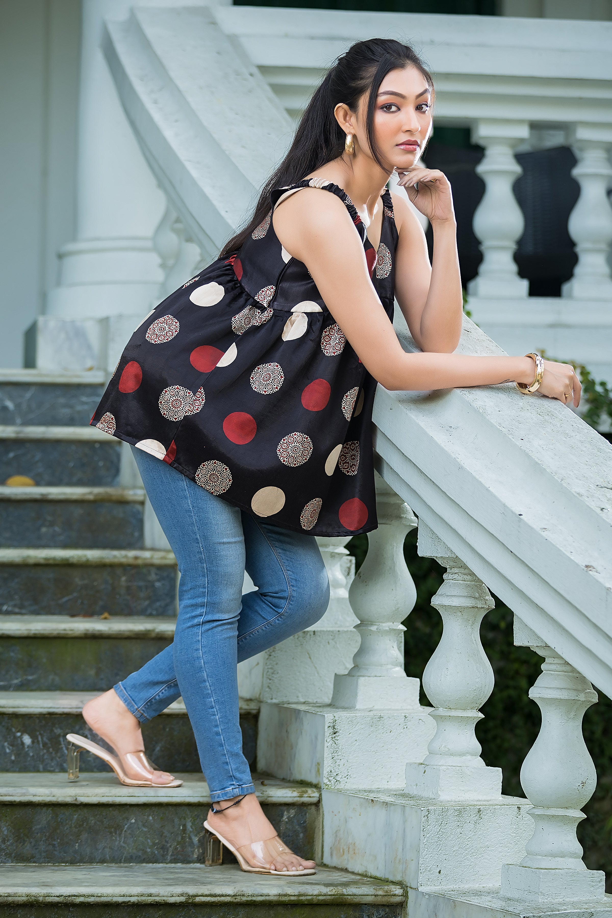 Women's Black Geometric Print Peplum Top