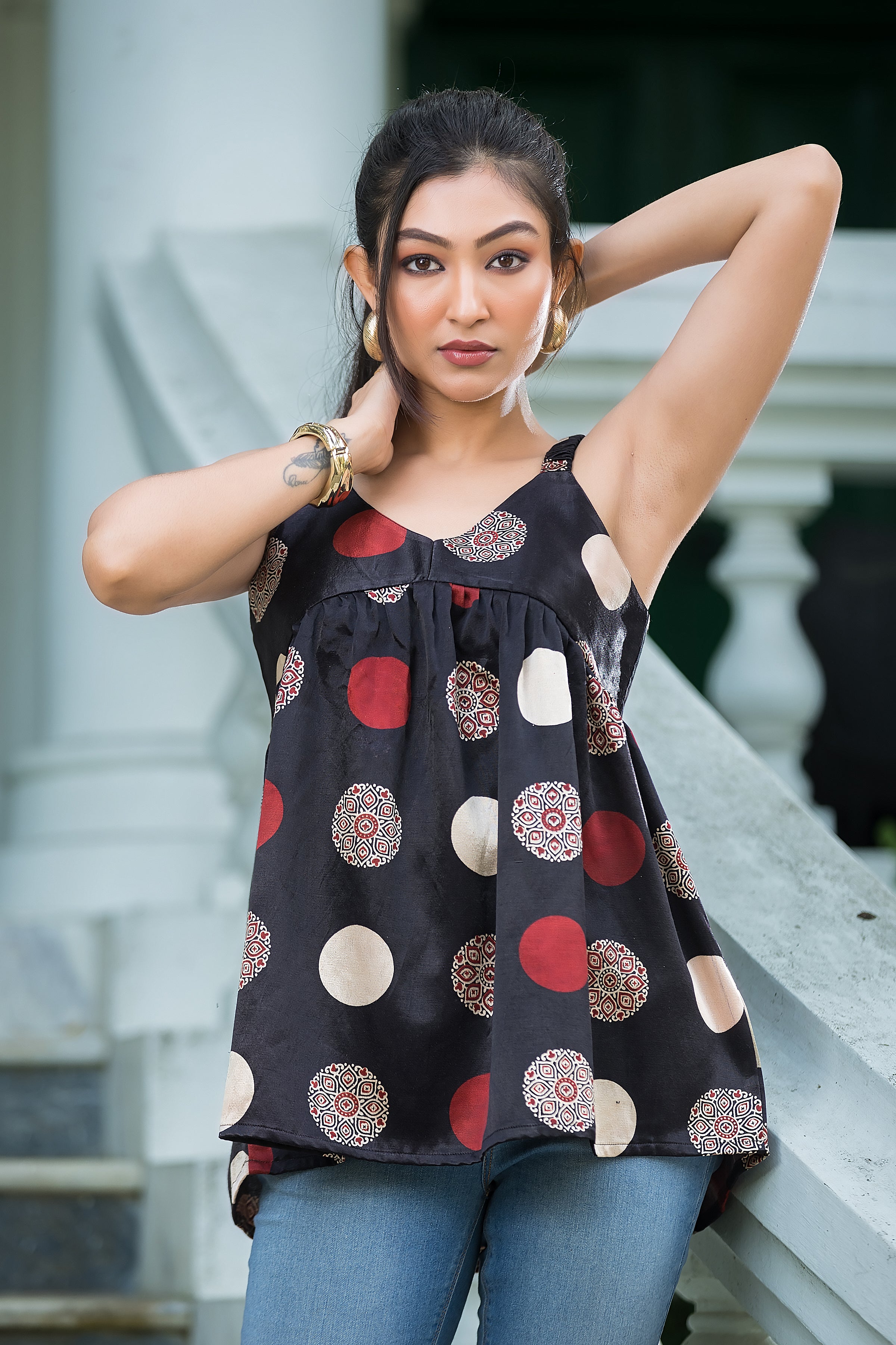 Women's Black Geometric Print Peplum Top