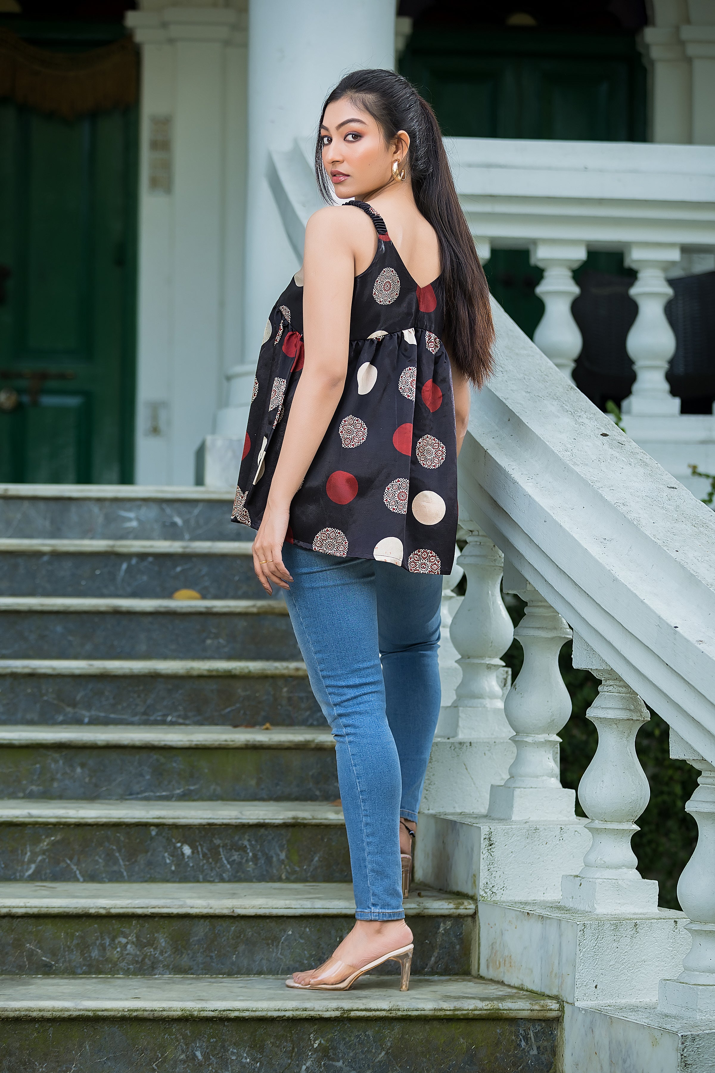 Women's Black Geometric Print Peplum Top