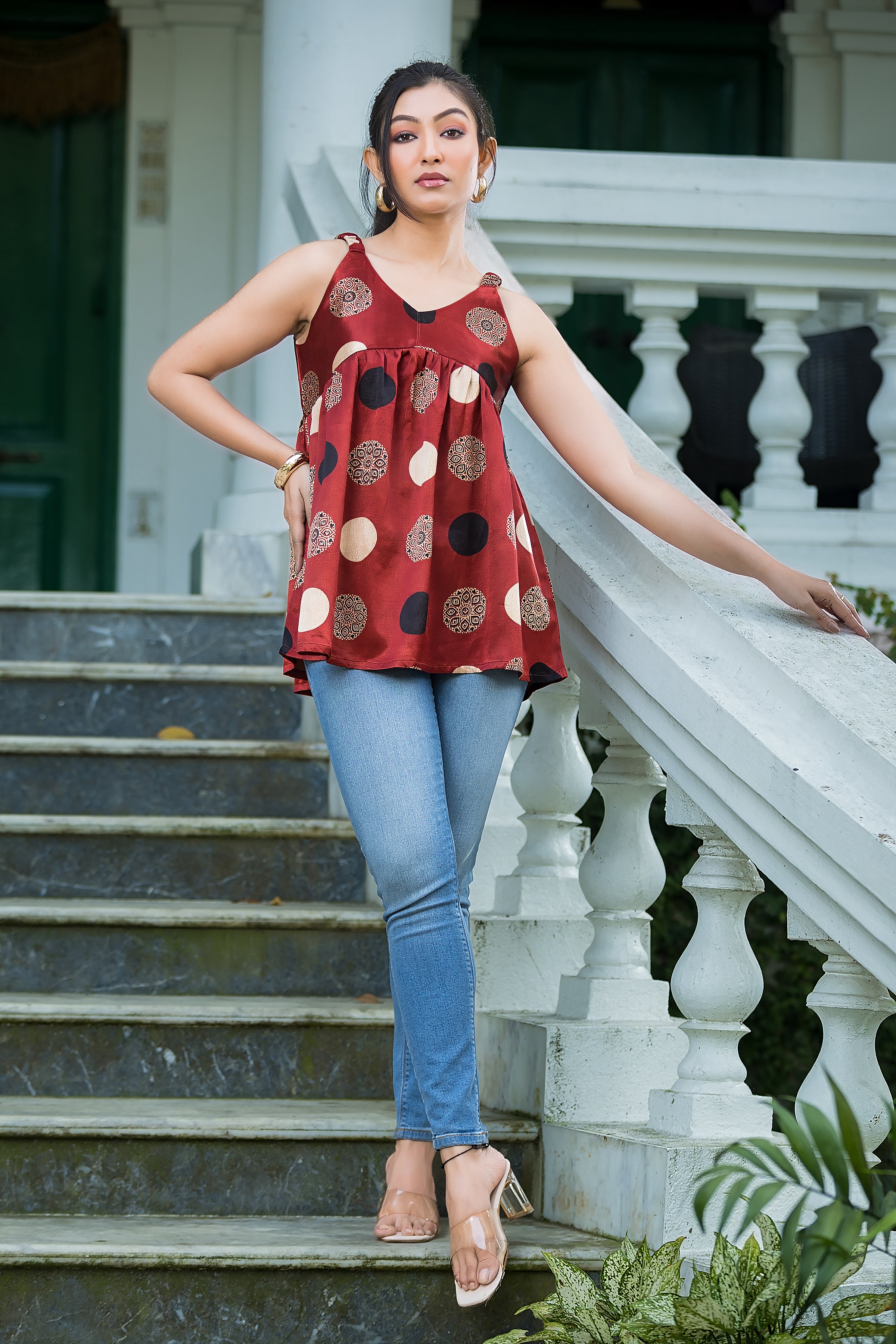 Women's Red Geometric Print Peplum Top