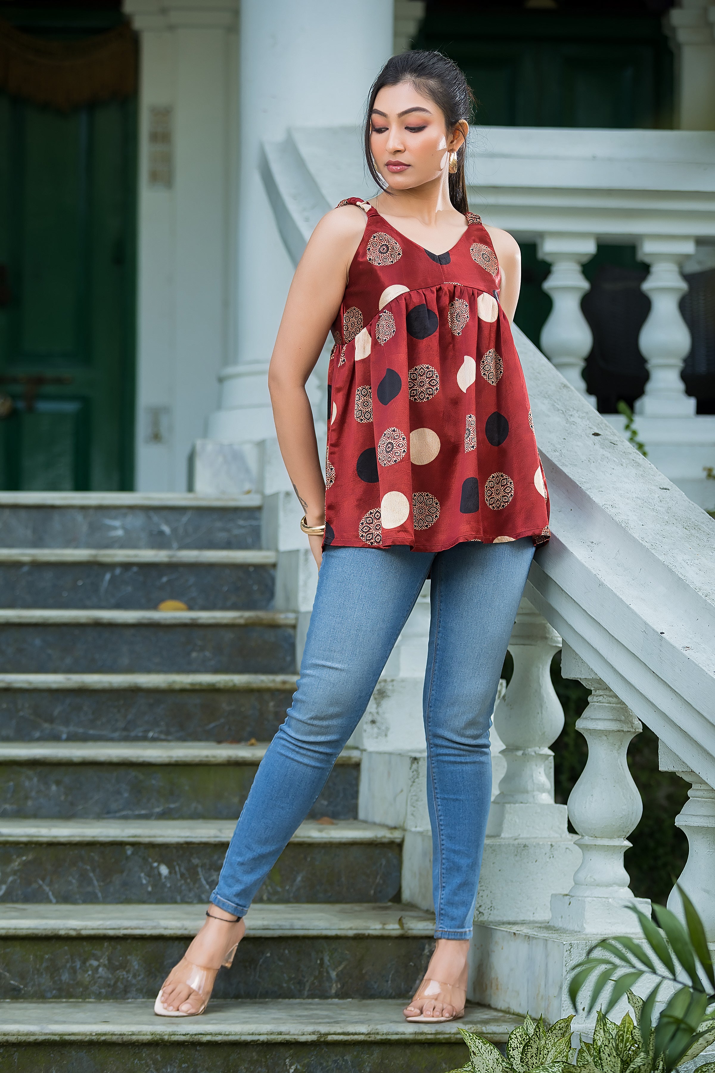 Women's Red Geometric Print Peplum Top