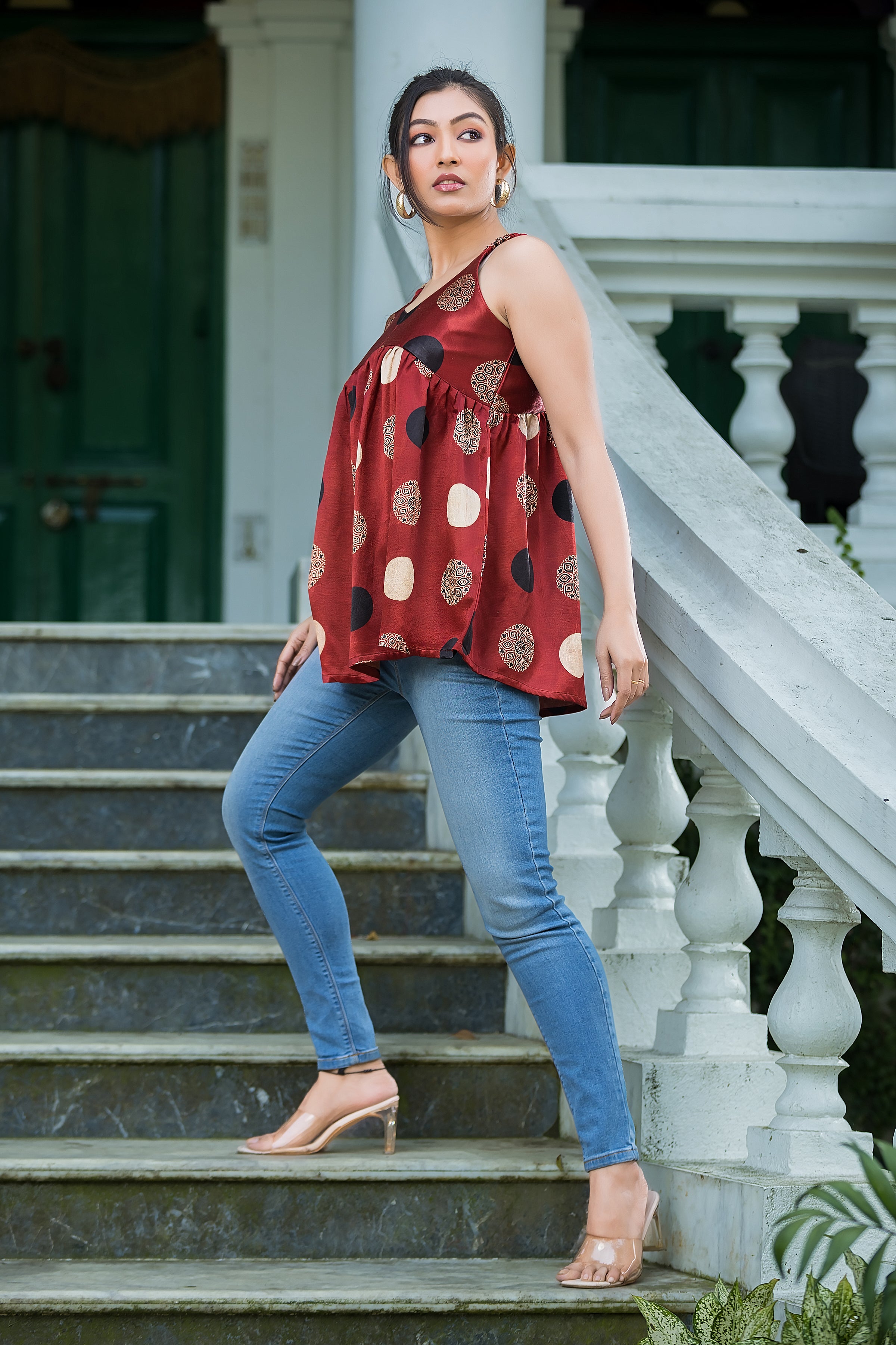 Women's Red Geometric Print Peplum Top