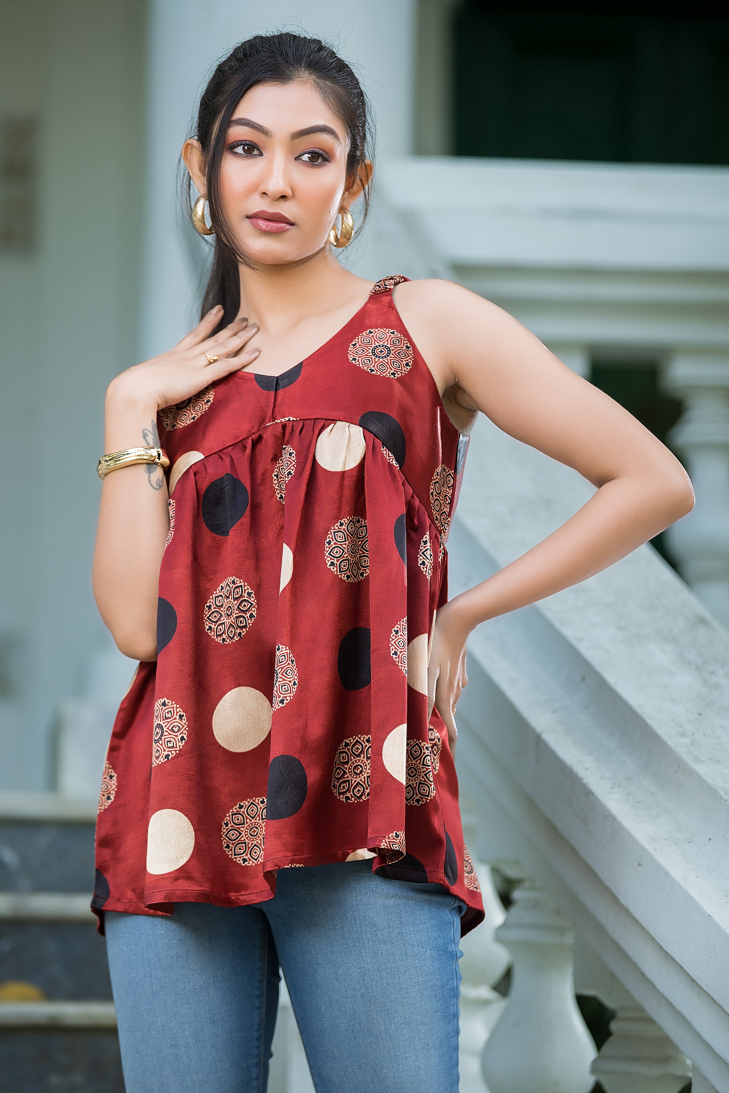 Women's Red Geometric Print Peplum Top