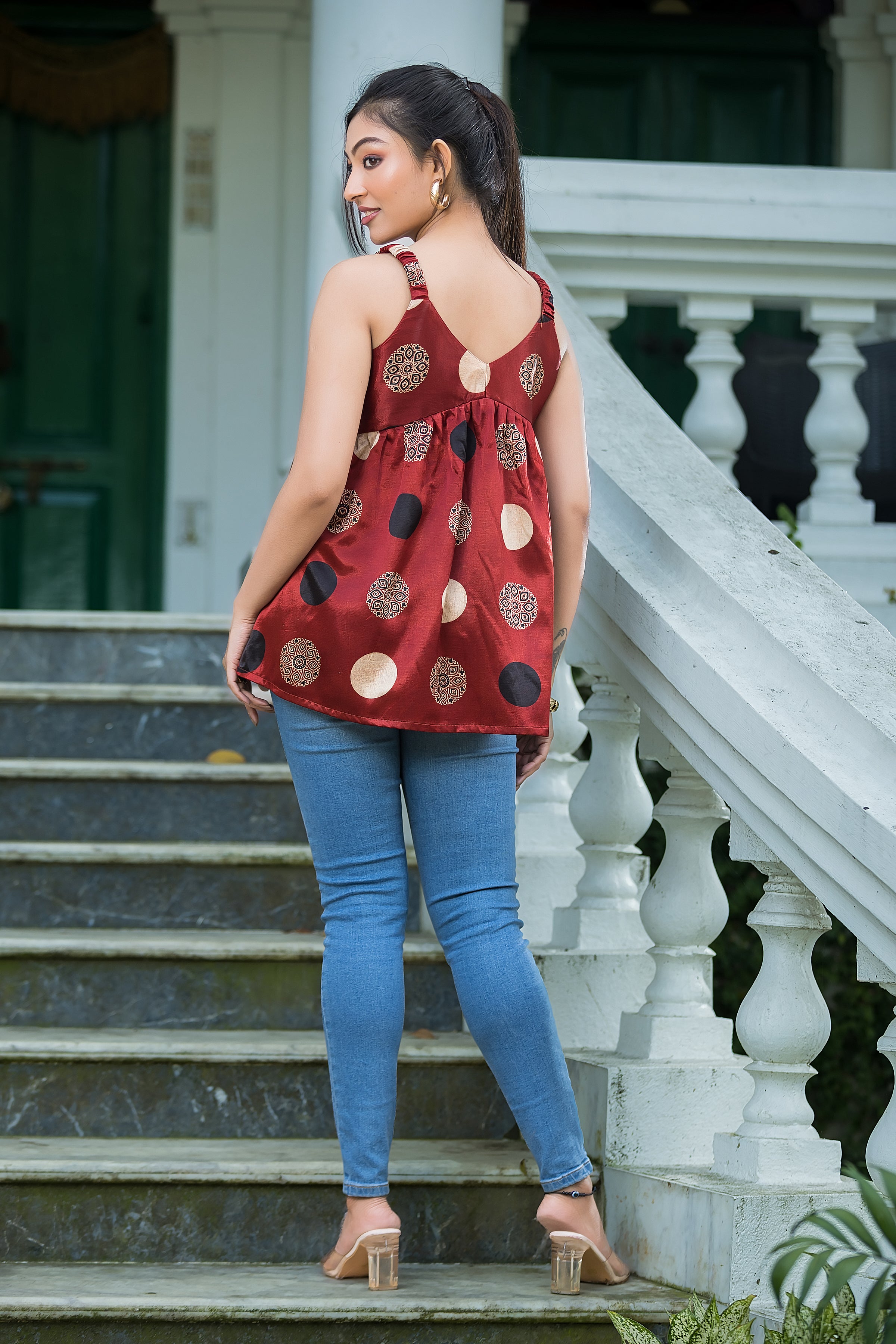 Women's Red Geometric Print Peplum Top