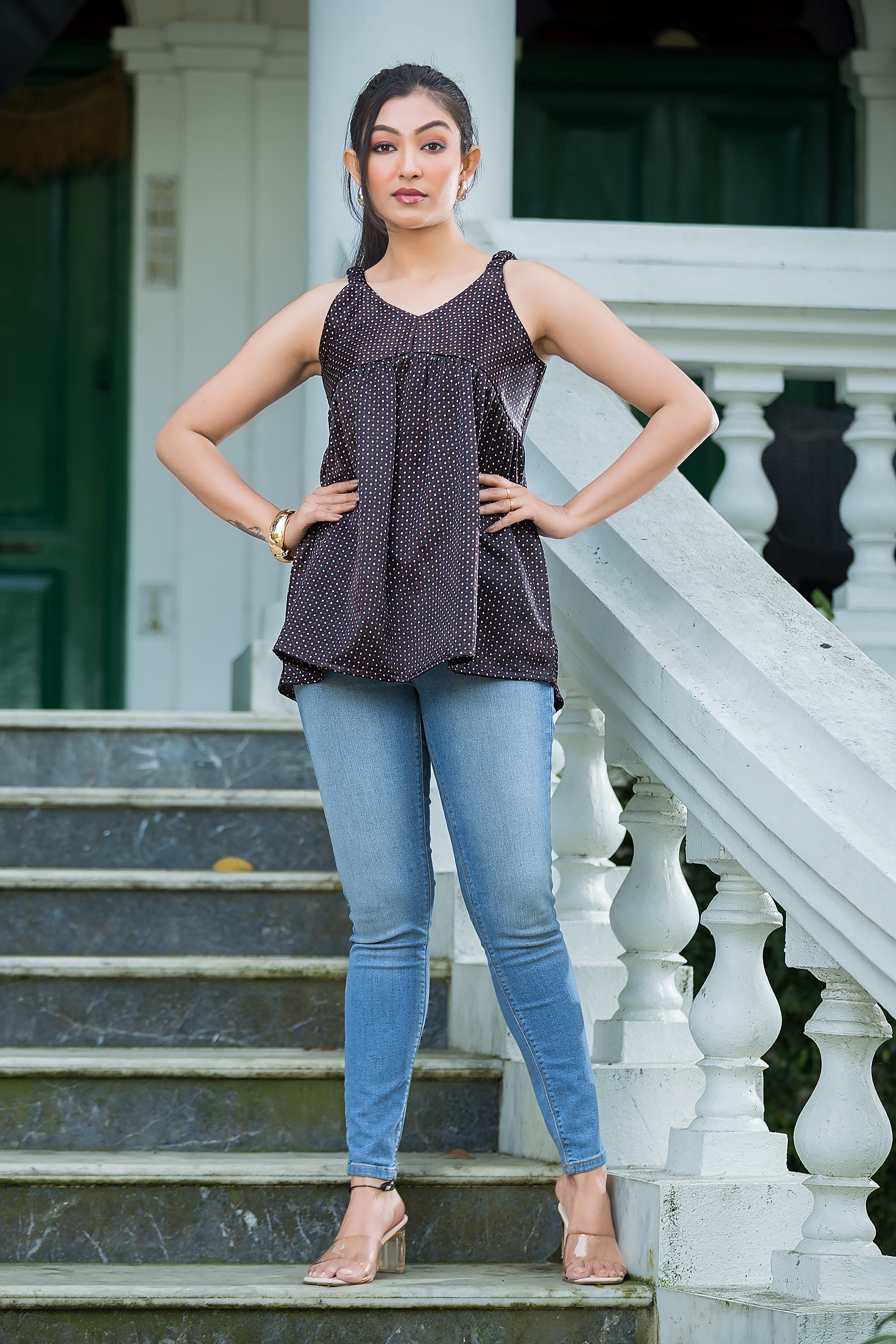 Women's Black Dot Print Peplum Top