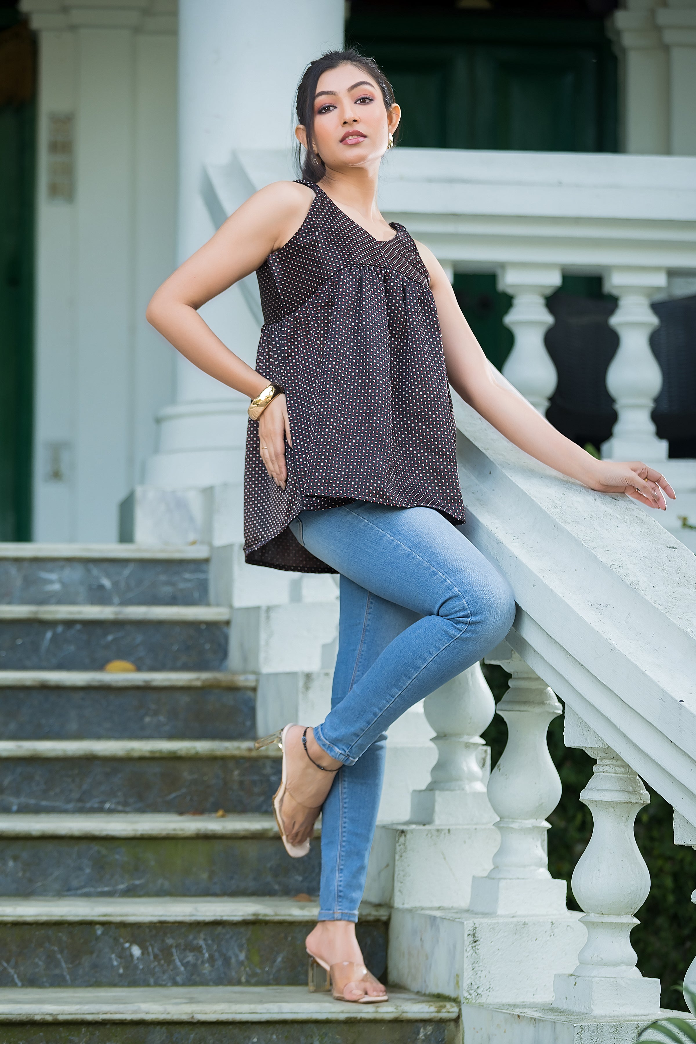 Women's Black Dot Print Peplum Top