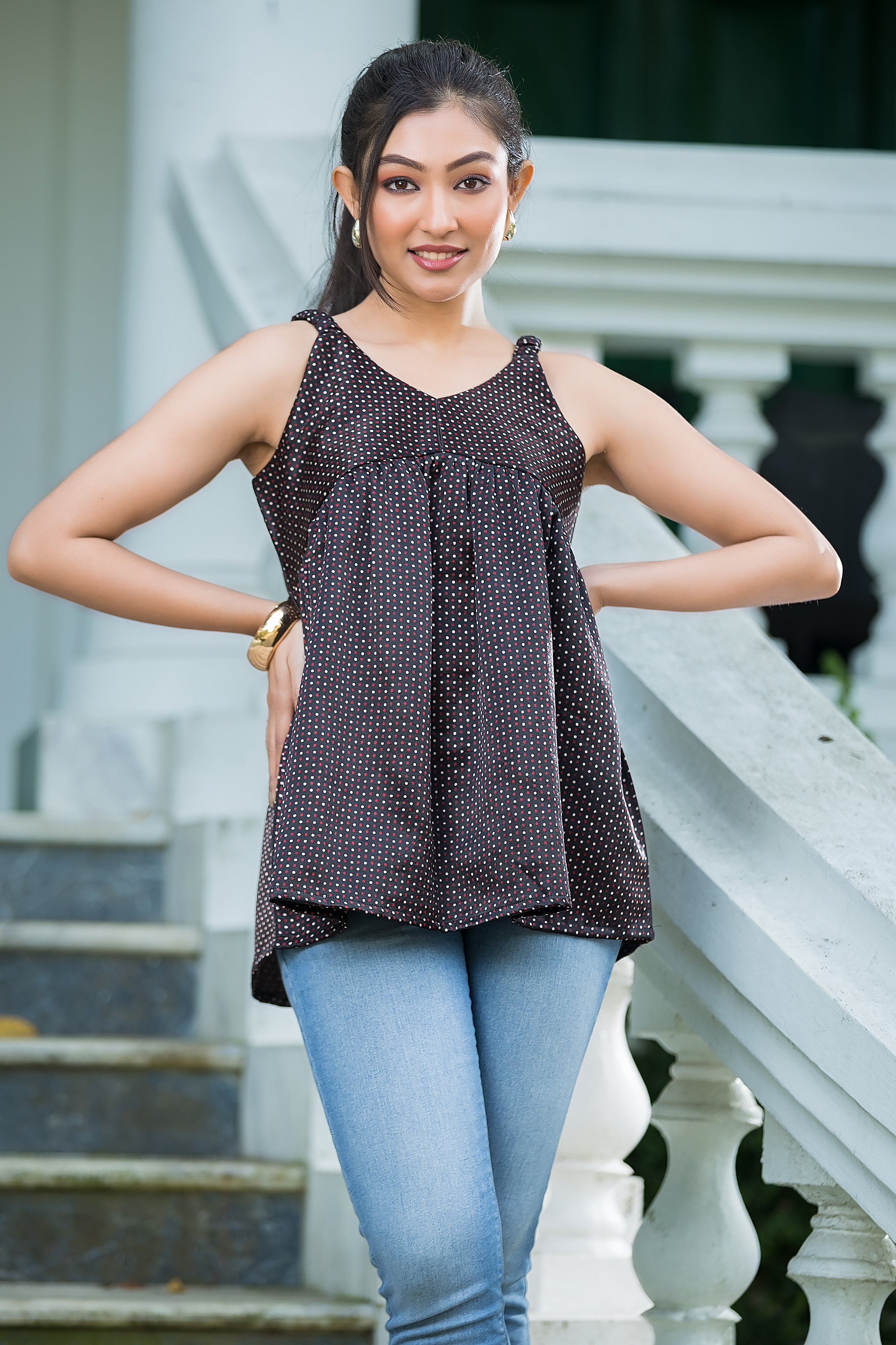 Women's Black Dot Print Peplum Top