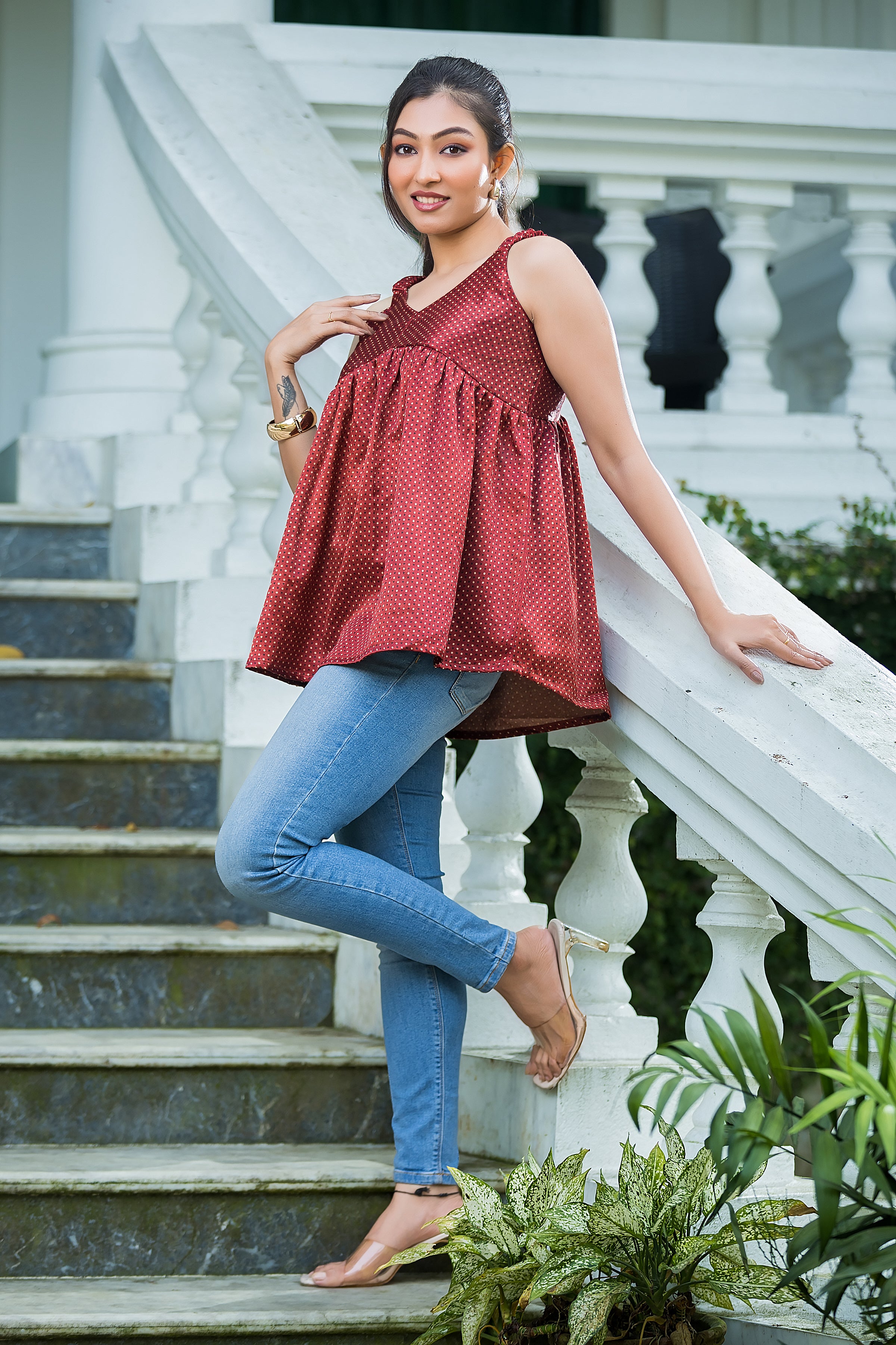 Women's Red Dot Print Peplum Top