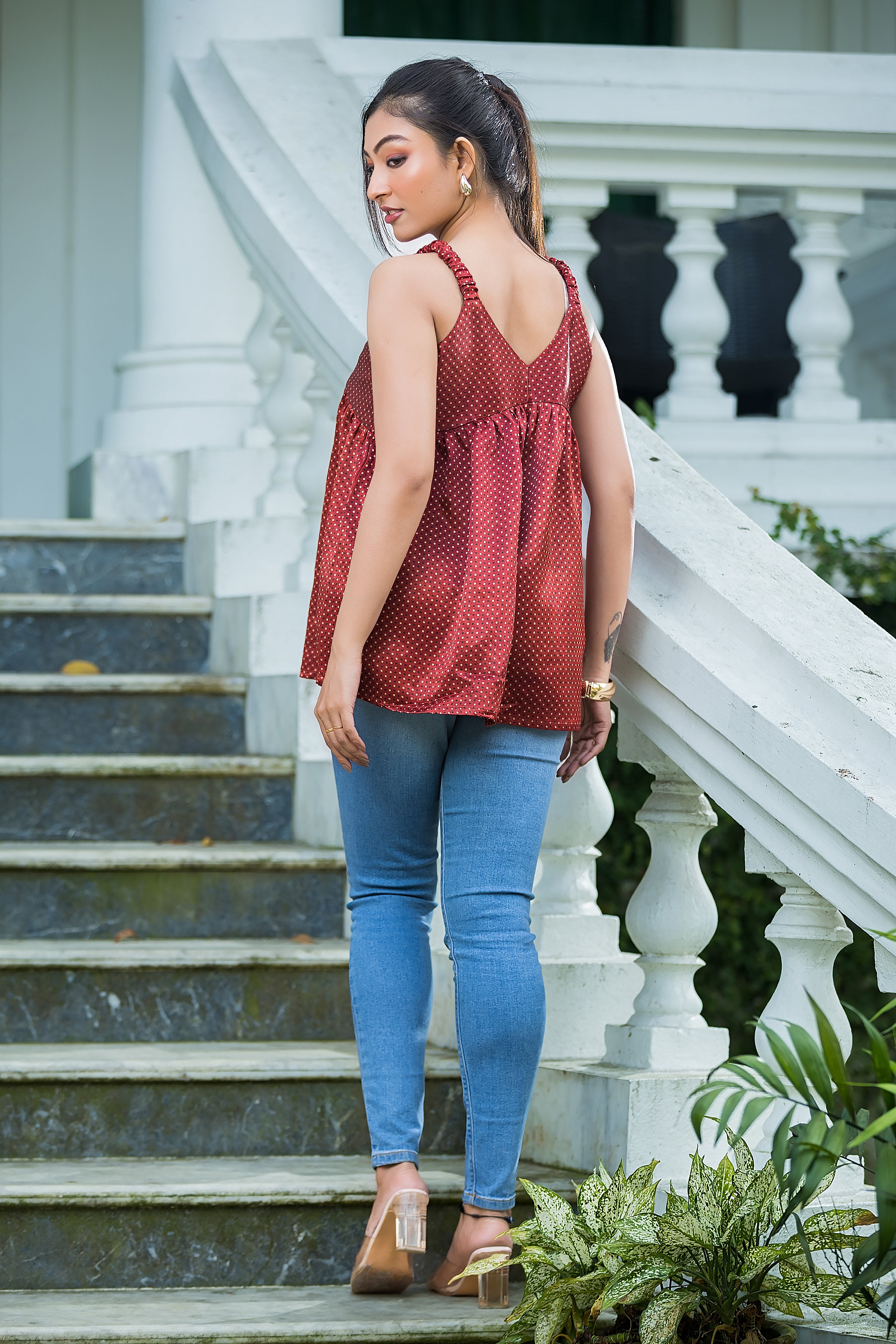 Women's Red Dot Print Peplum Top