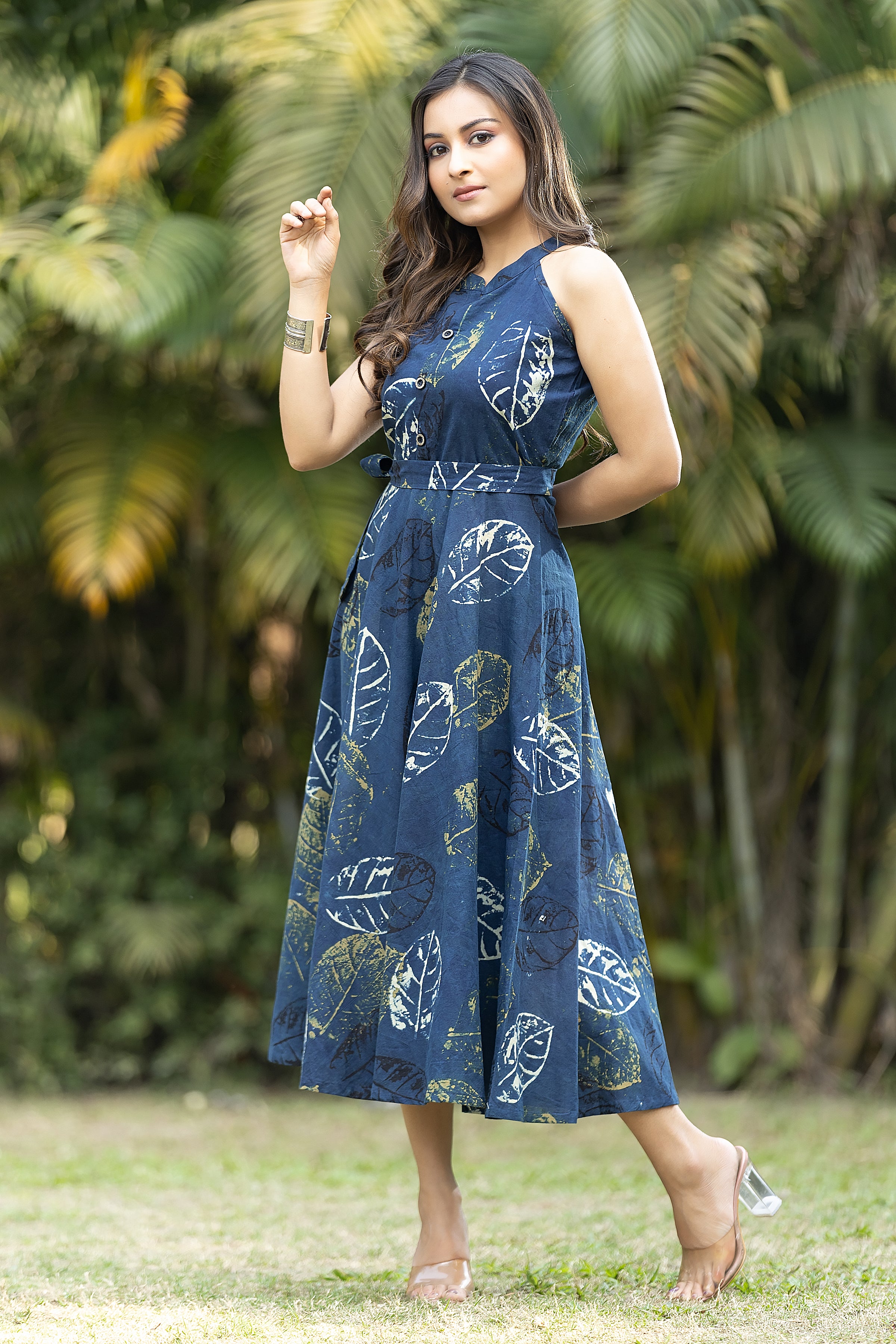 Women's Indigo Handblock Halterneck Dress