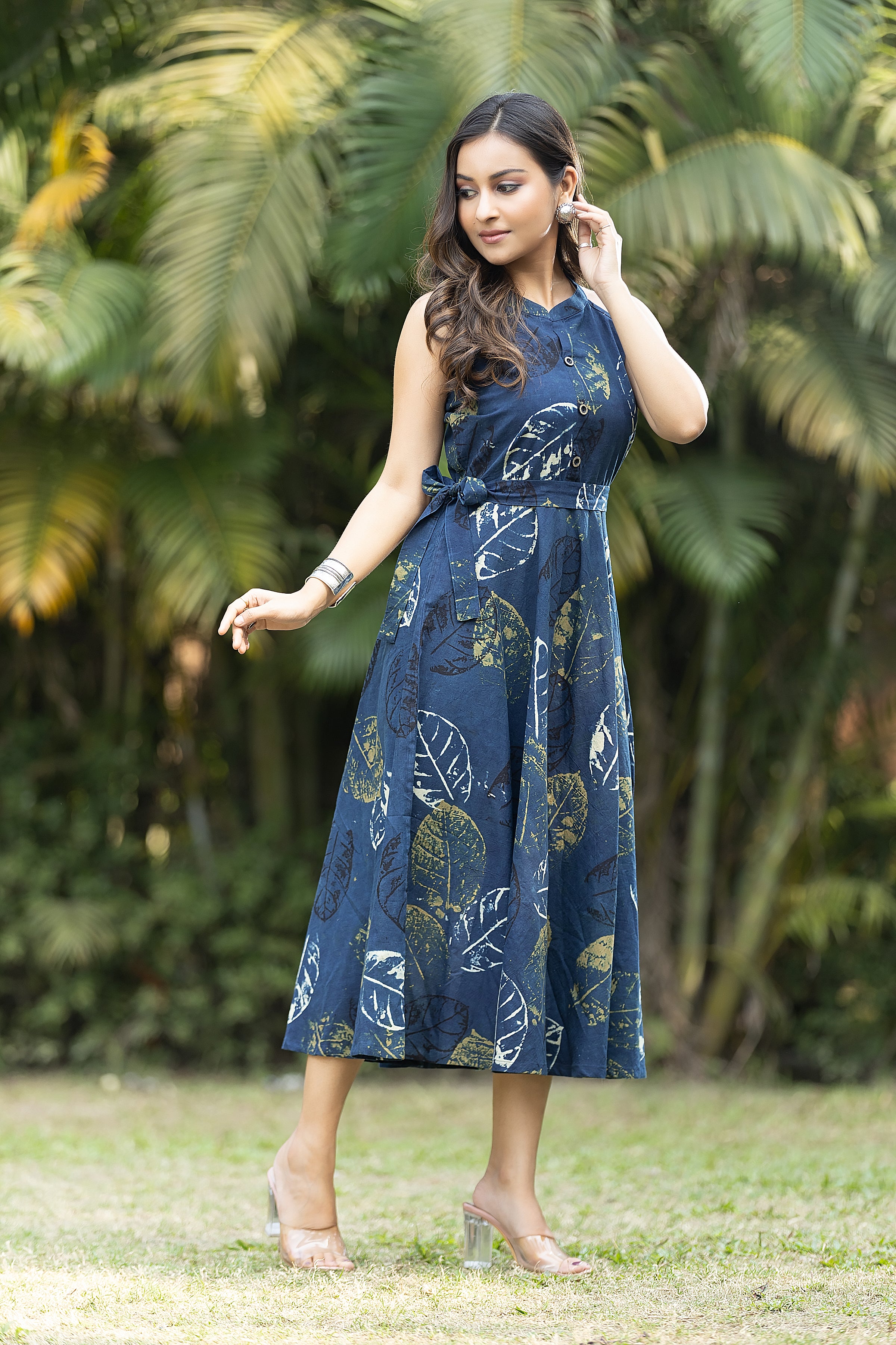 Women's Indigo Handblock Halterneck Dress