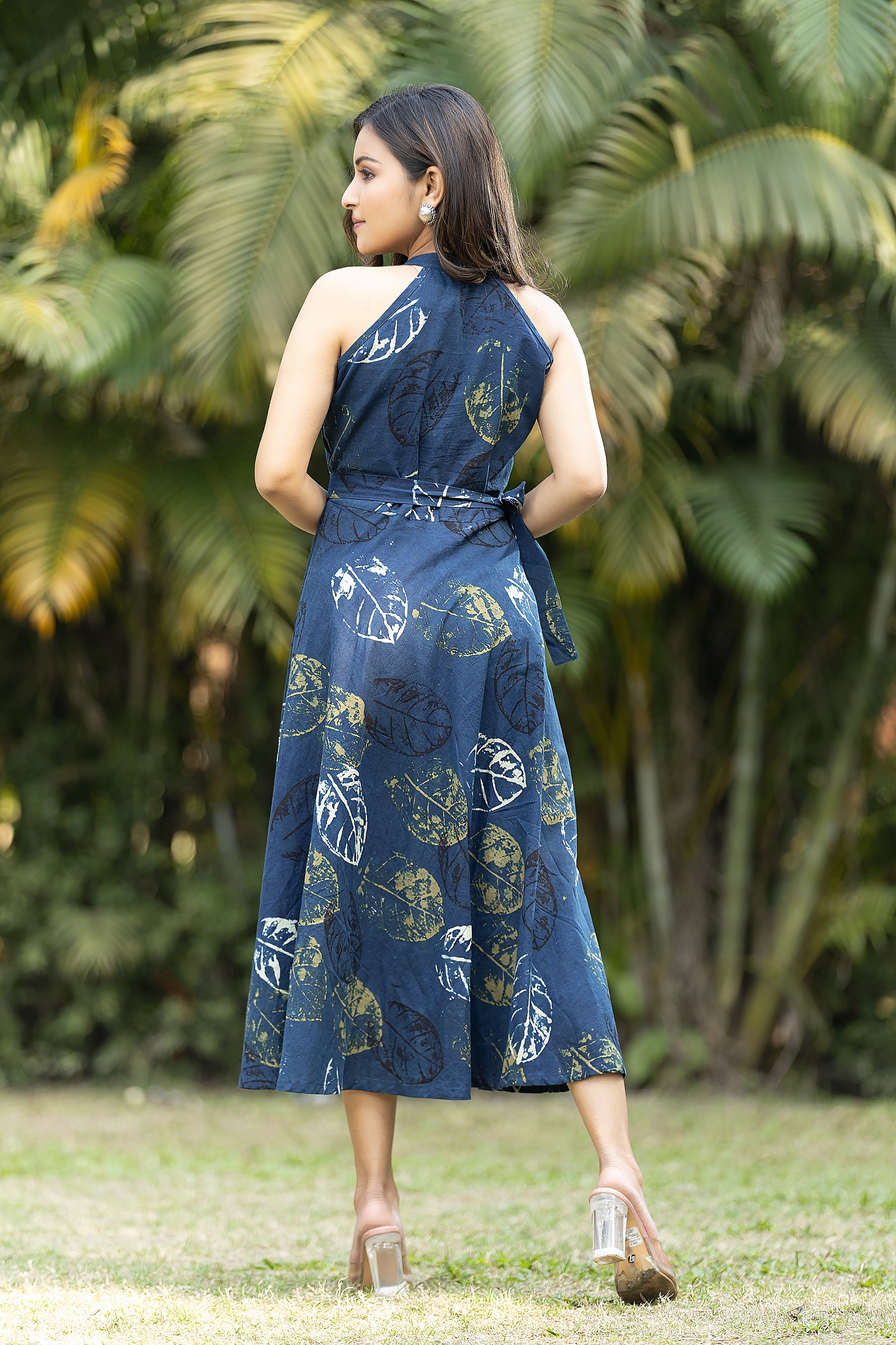 Women's Indigo Handblock Halterneck Dress