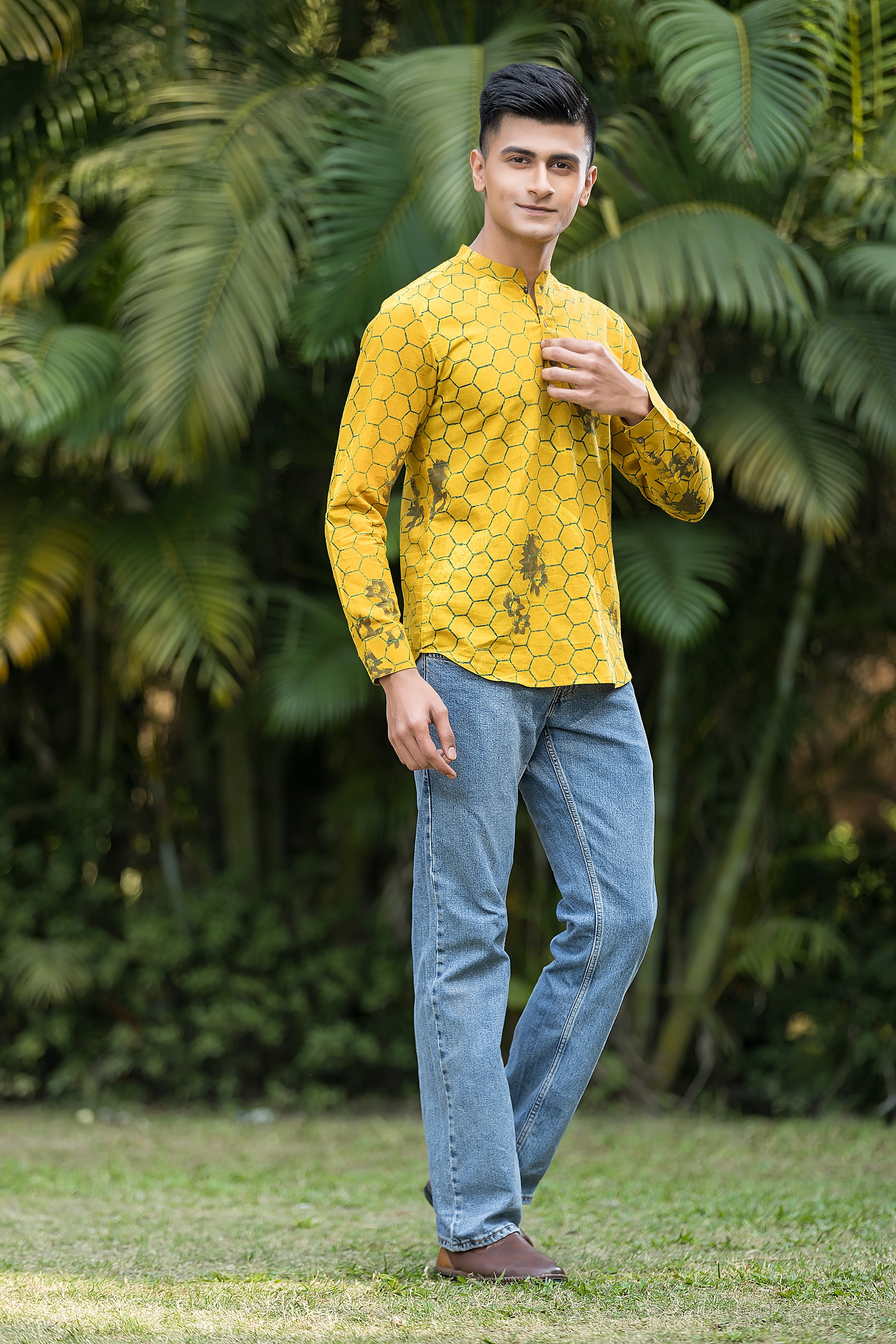 Men's Yellow Band Collar Kurta