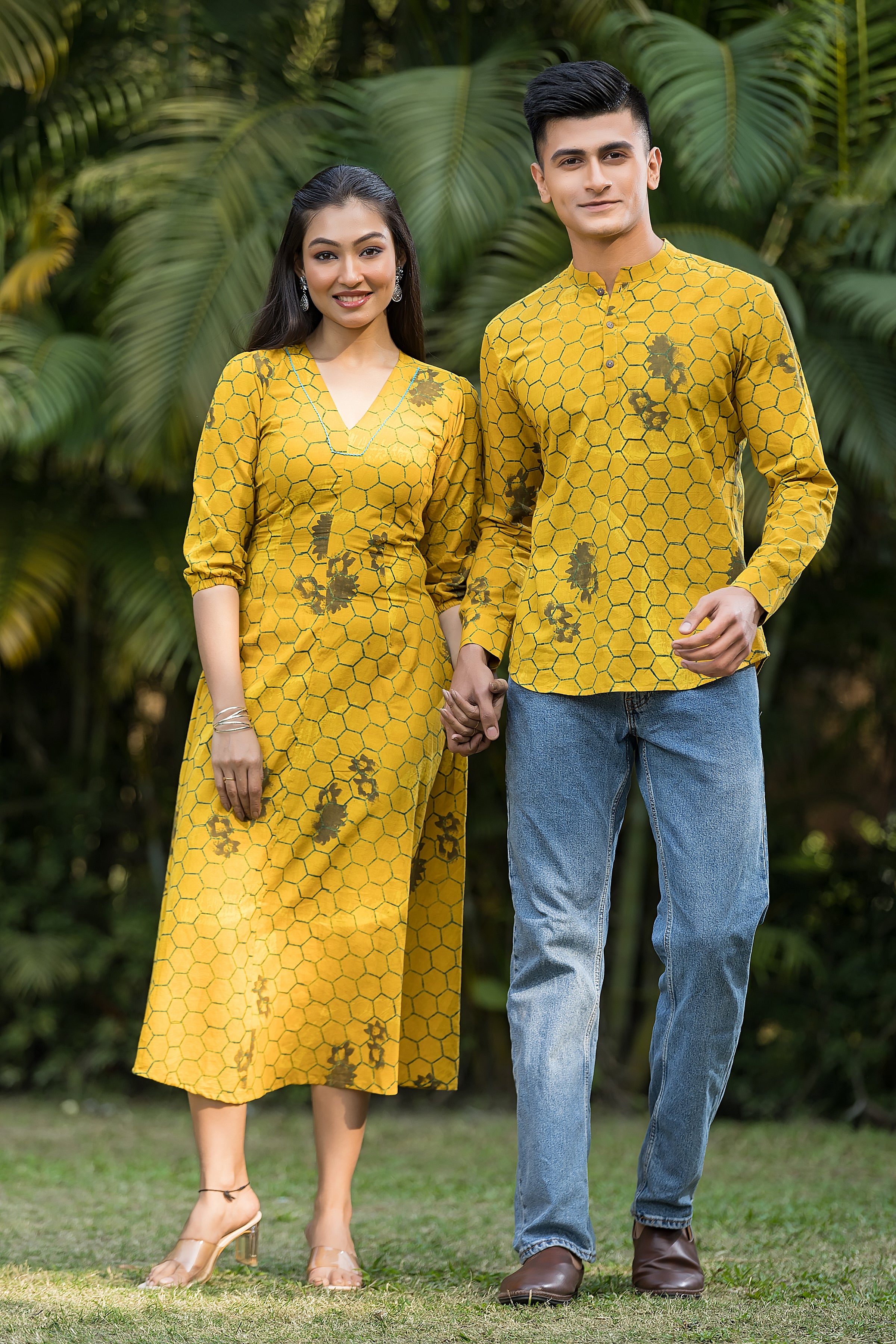 Natural Yellow Couple Kurta & Dress Set