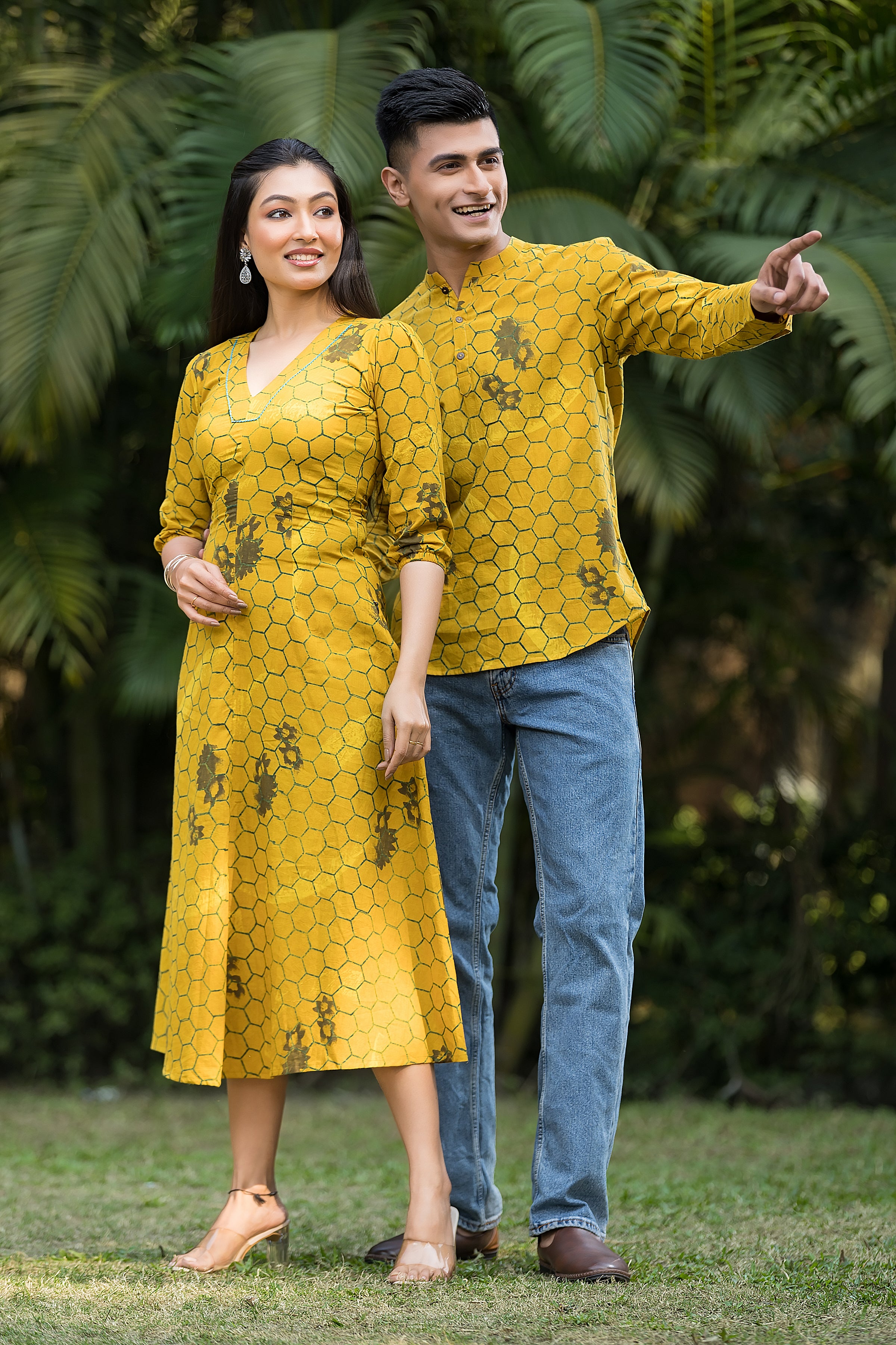 Natural Yellow Couple Kurta & Dress Set