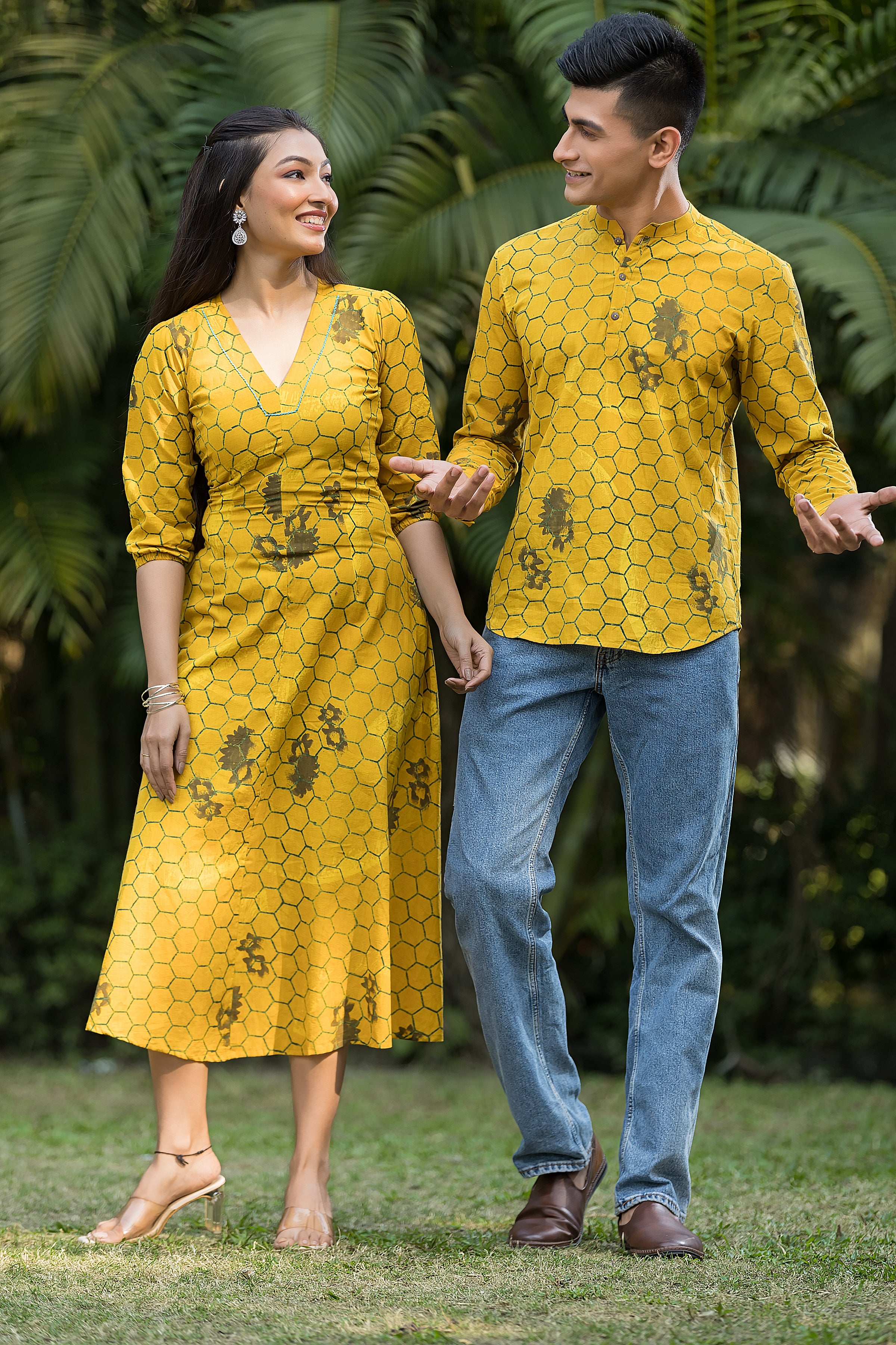 Natural Yellow Couple Kurta & Dress Set