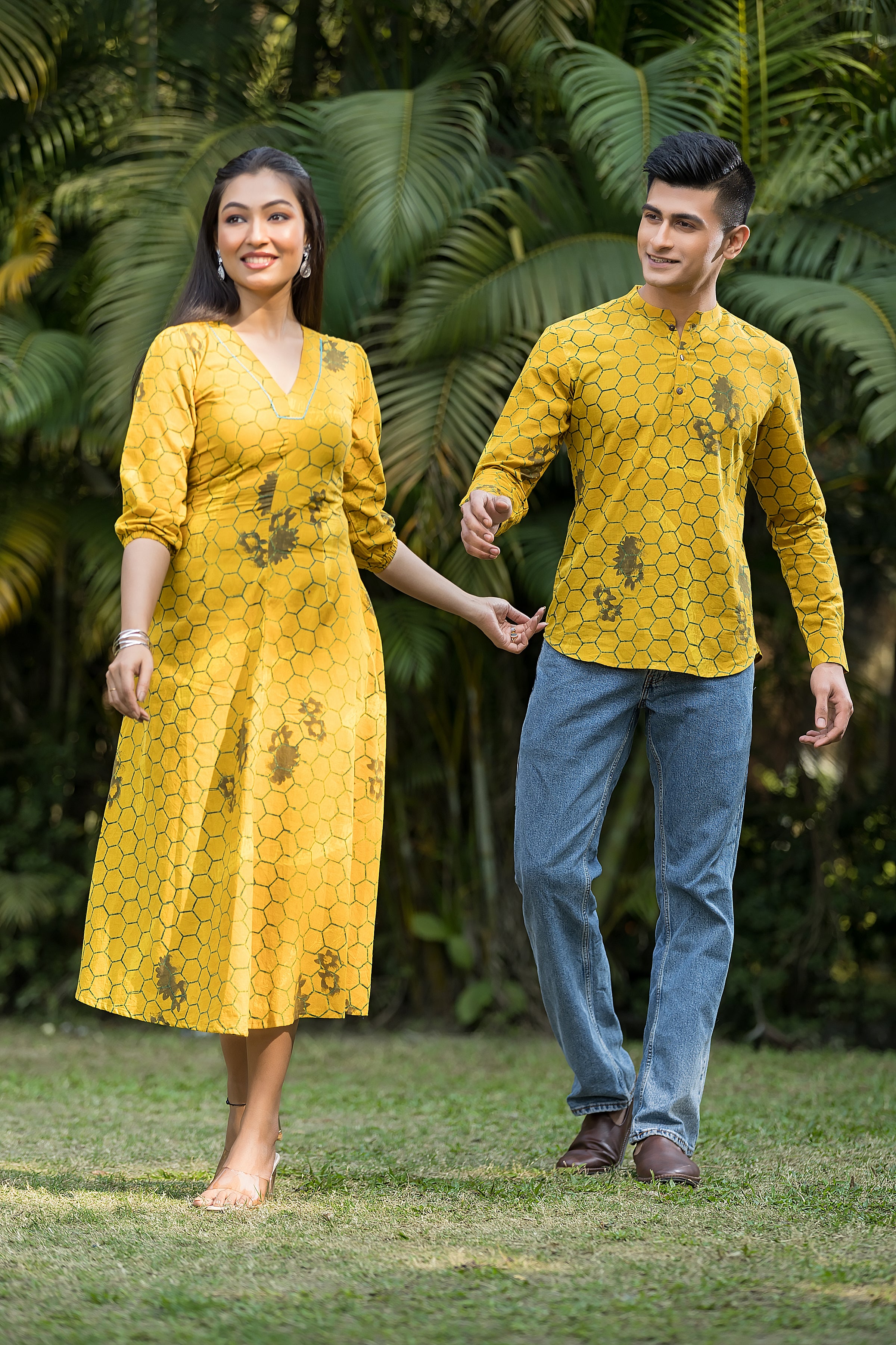 Natural Yellow Couple Kurta & Dress Set