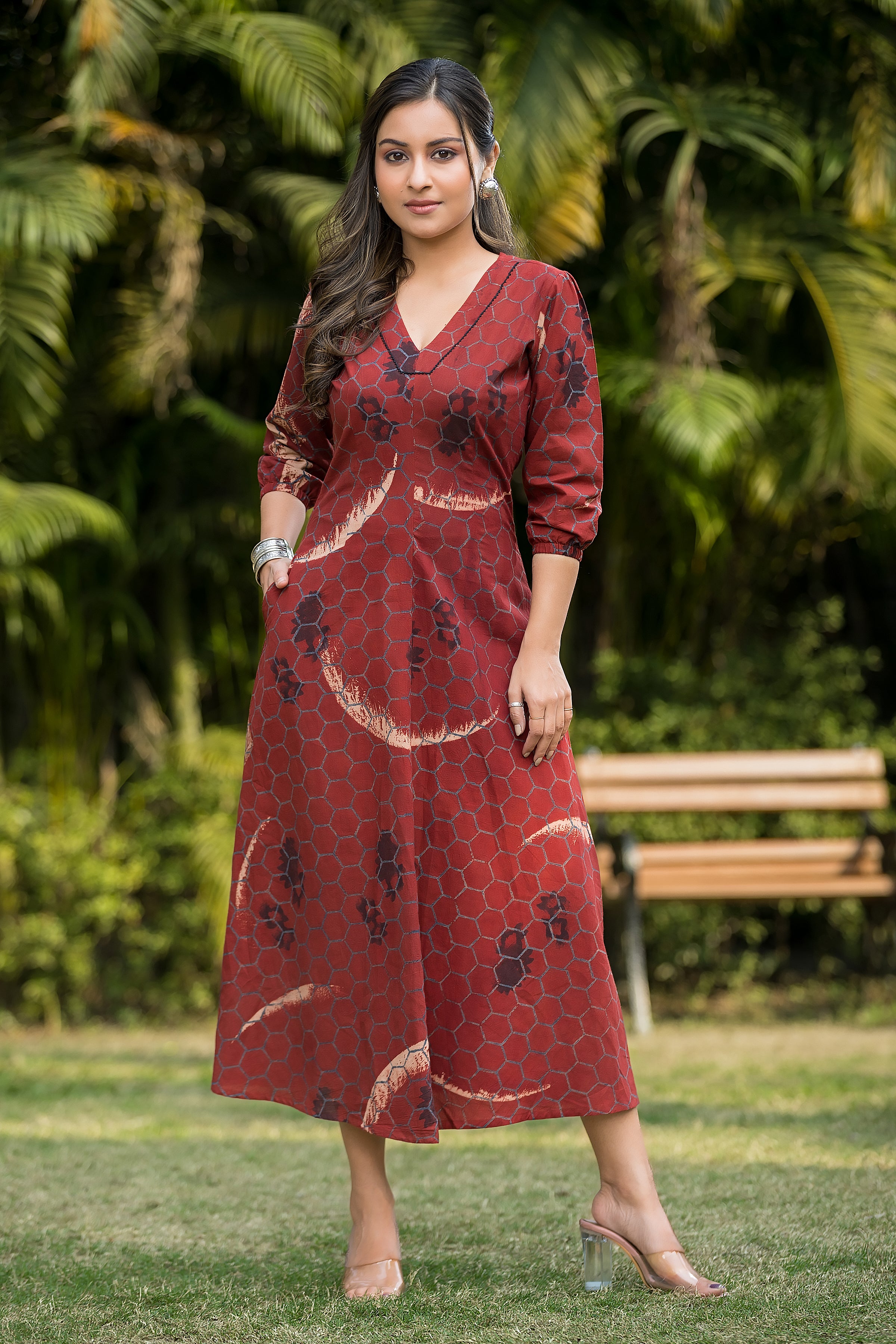 Women's Red Handblock Dress