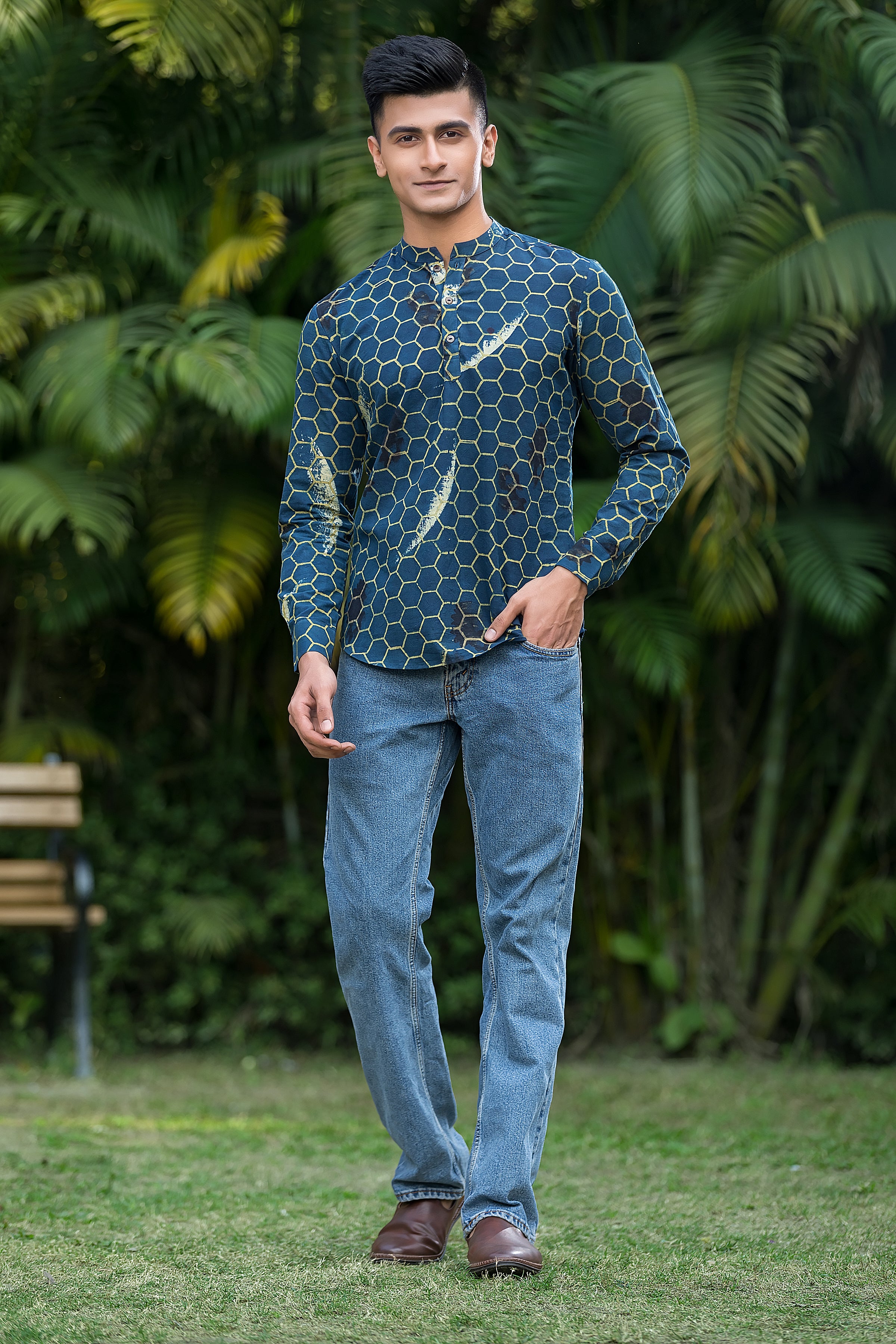 Men's Indigo Band Collar Kurta
