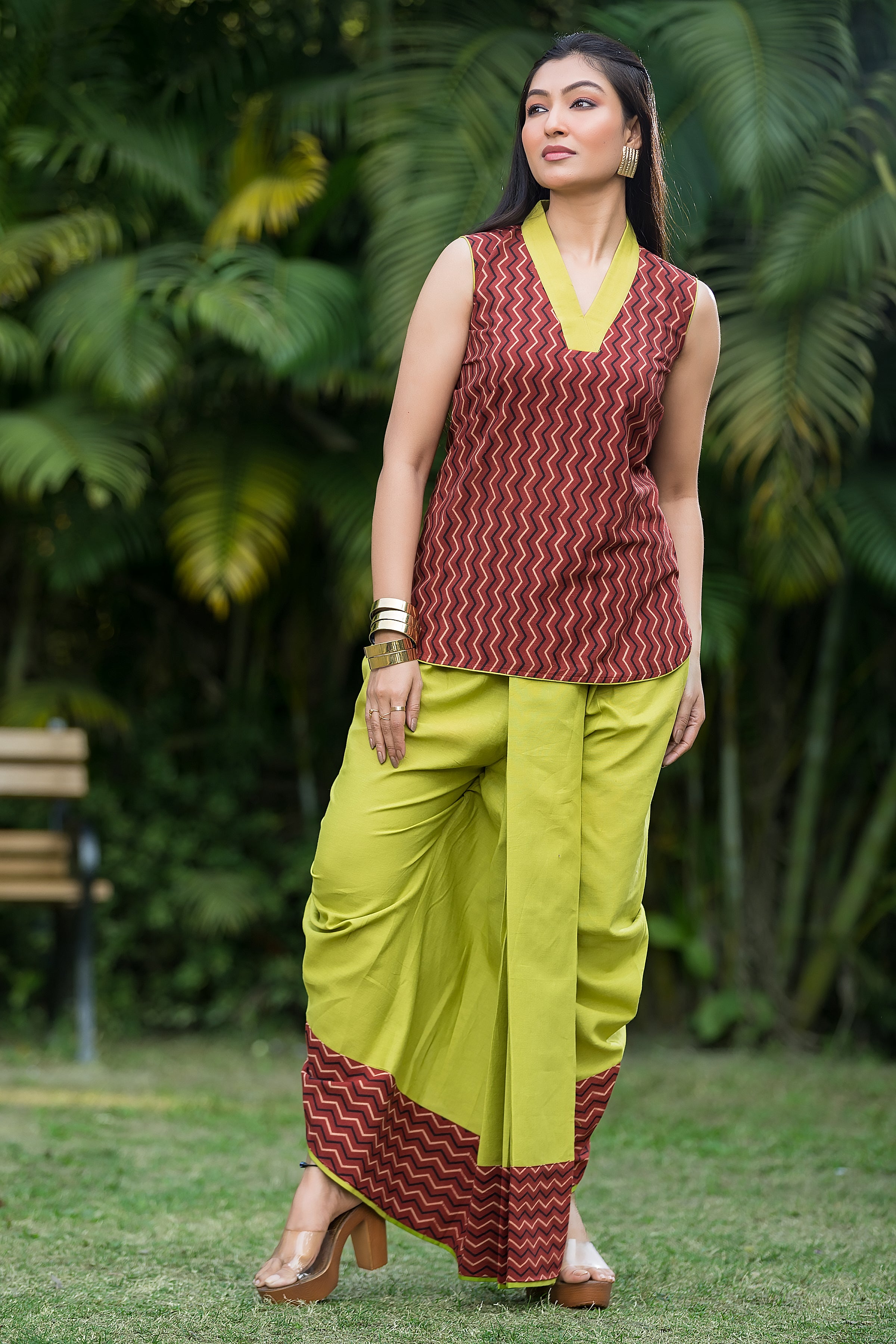 Women's Lime Green Dhoti With Ajrakh Print Top