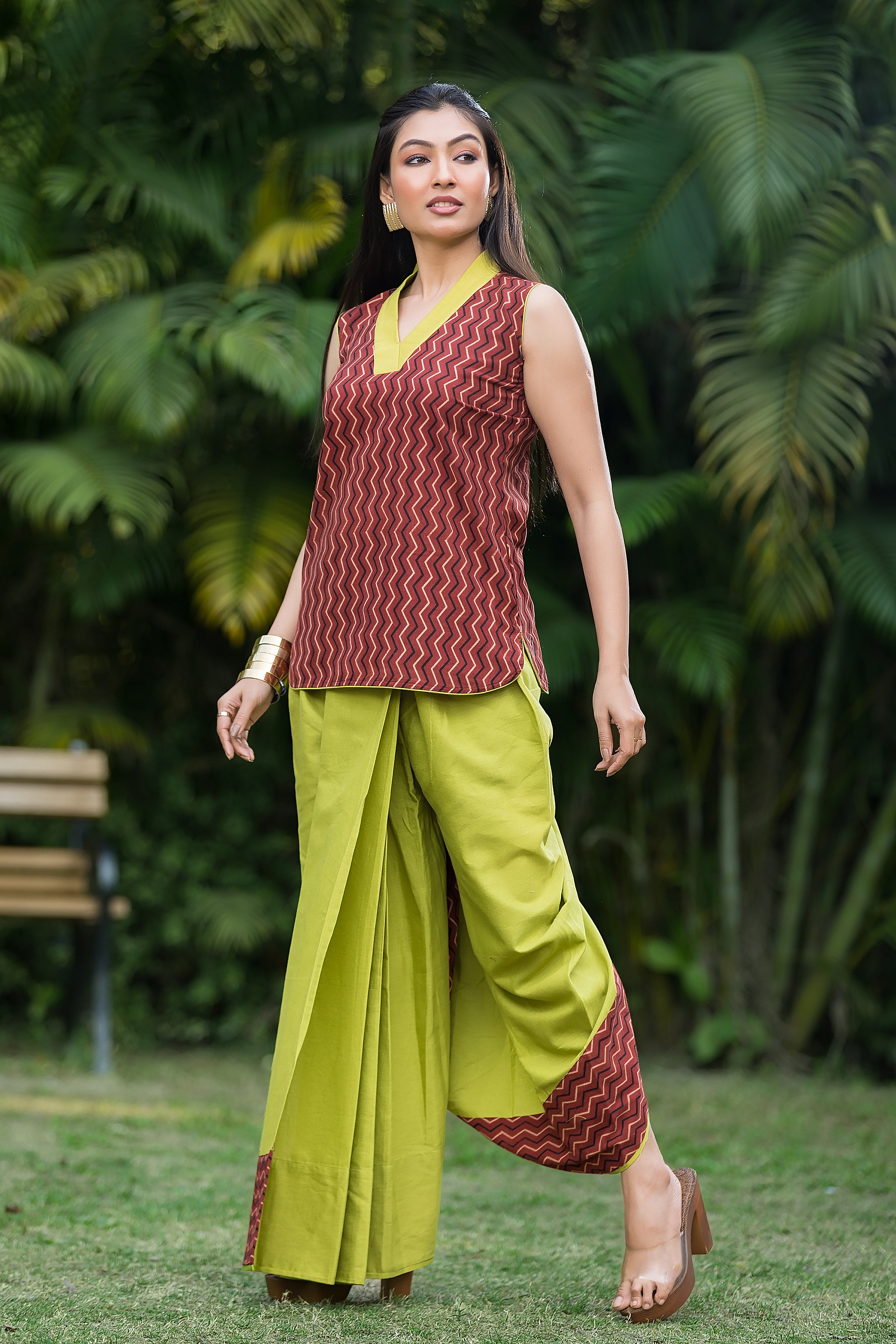 Women's Lime Green Dhoti With Ajrakh Print Top